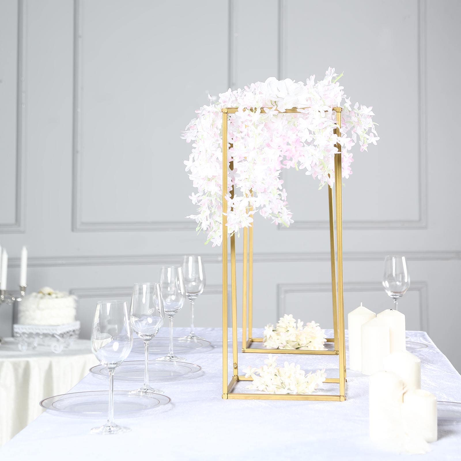 2-Pack Wedding Flower Stand Gold Metal Geometric Column Frame Rectangular - Versatile Floral Pedestal for Sophisticated Arrangements 24"