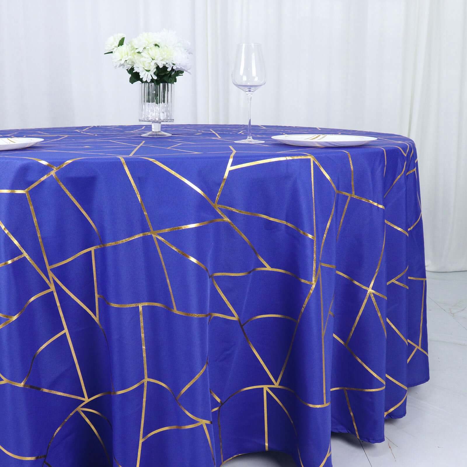 Polyester 120" Round Tablecloth Royal with Gold Foil Geometric Pattern Wrinkle-Resistant Seamless Table Cover