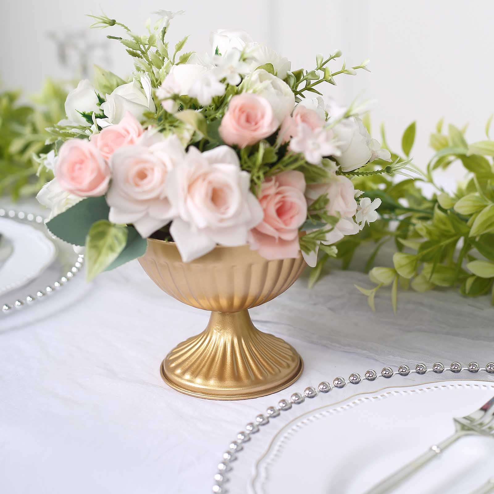 2-Pack Metal Pedestal Flower Vases Ribbed Bowl Style Gold - Antique Mini Compote Vase for Sophisticated Wedding Centerpieces 4"