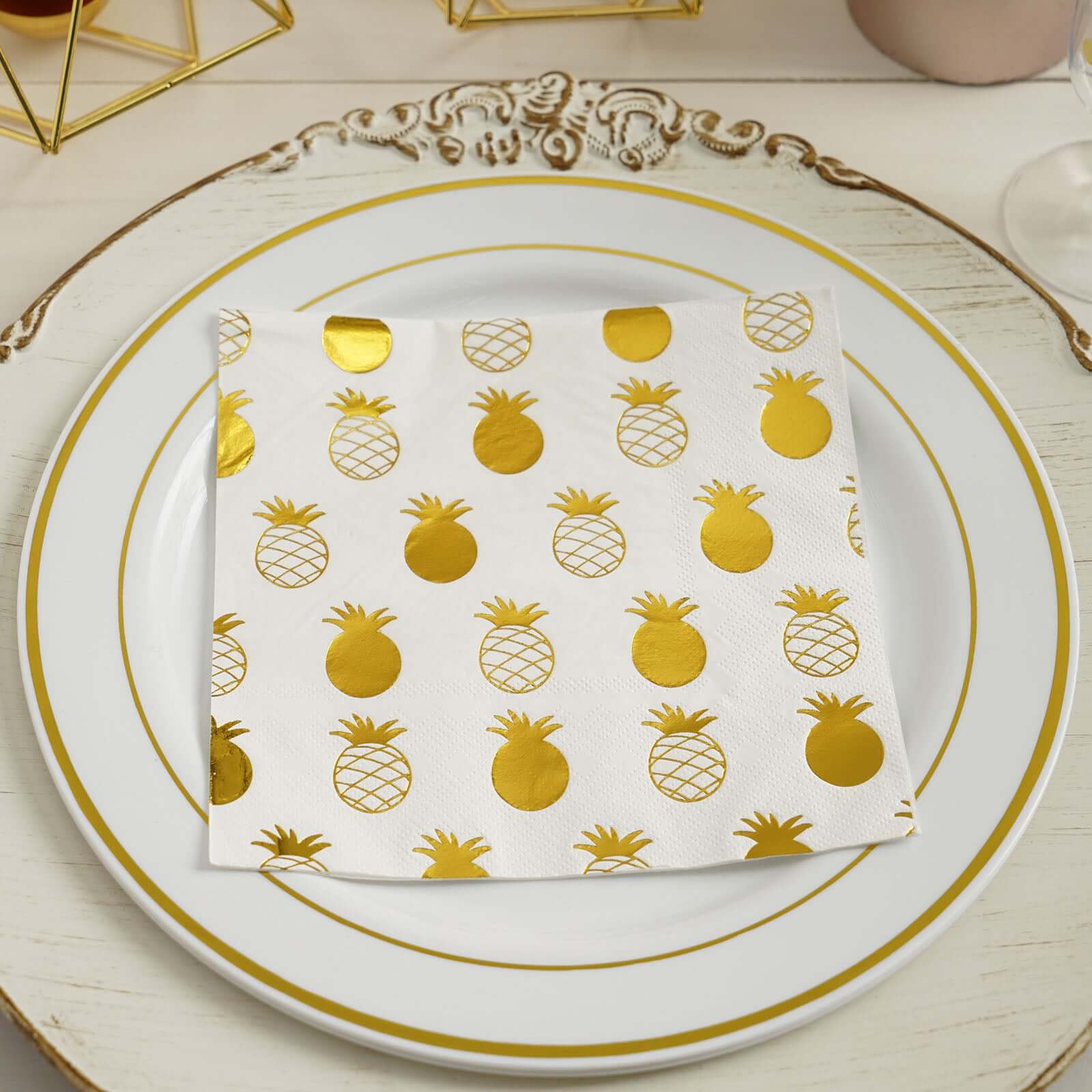 20-Pack Paper Dinner Napkins with Pineapple Design Metallic Gold - Disposable 3 Ply Cocktail Napkins for Parties