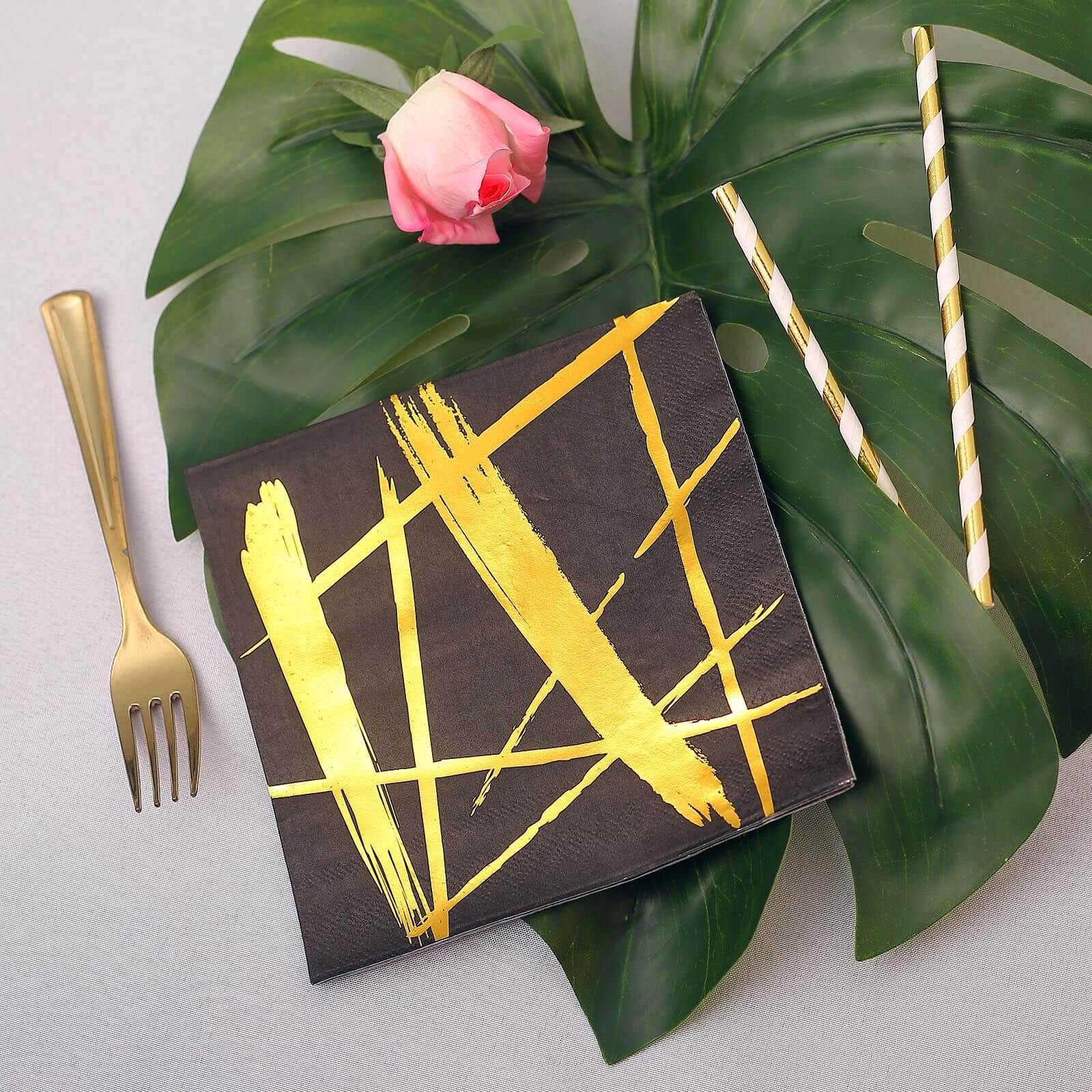 20-Pack Paper Dinner Napkins Black with Metallic Gold Streak Design - Stylish 3 Ply Disposable Cocktail Napkins for Weddings