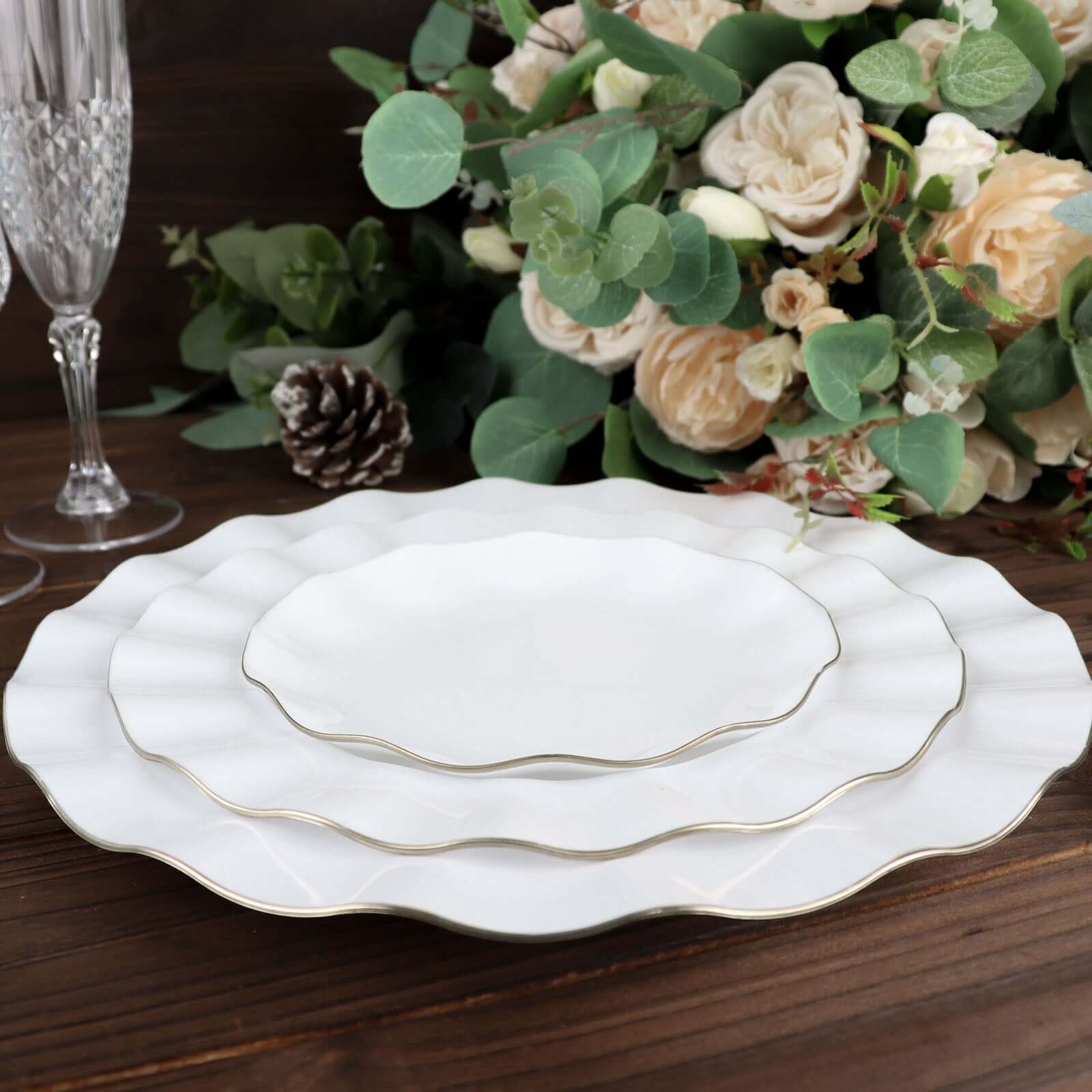 10-Pack Plastic Round 6" Dessert Plates in White Ruffled Rim with Gold Edging - Sturdy Disposable Salad Appetizer Dinnerware for Classy Events & Banquets