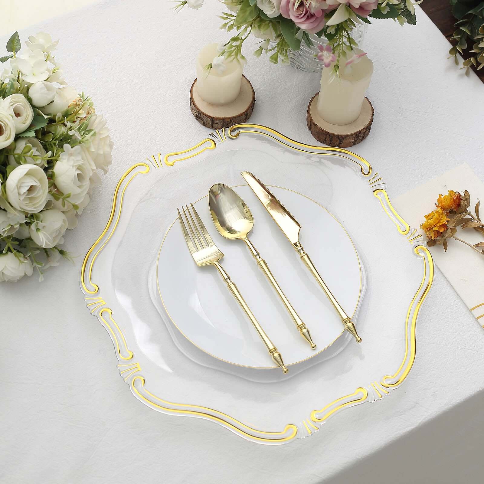 6-Pack Acrylic Plastic Hexagon Charger Plates 13" in Clear with Gold Baroque Scalloped Rim, Exquisite Dinner Serving Plates
