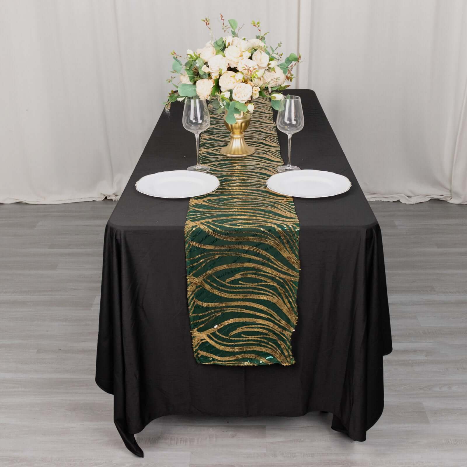 Sequin Mesh 12"x108" Table Runner Hunter Emerald Green Stylish Wave Embroidery