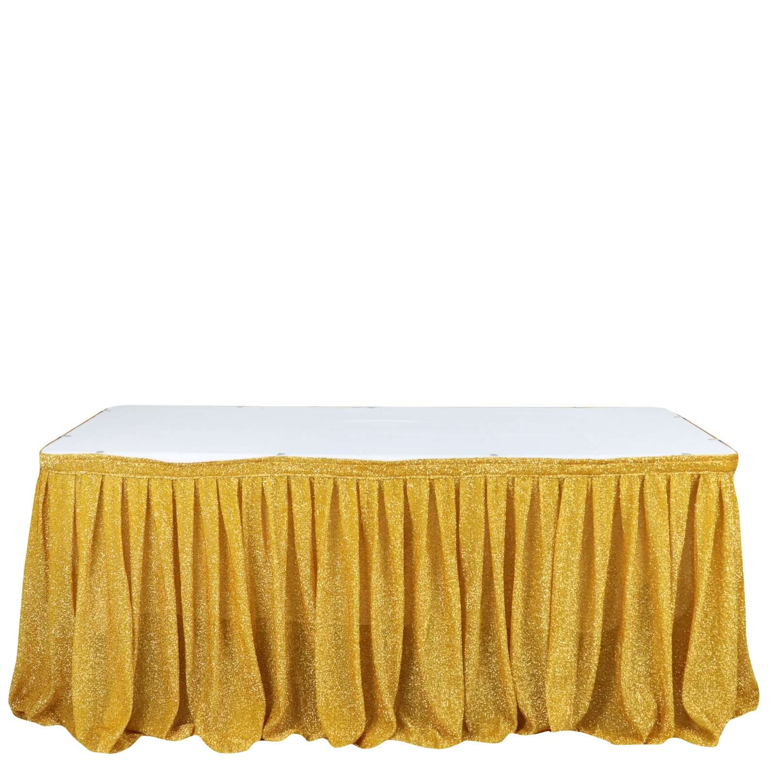 Spandex 17ft Table Skirt Gold Pleated Metallic Shimmer Tinsel with Top Velcro Strip Event Decoration