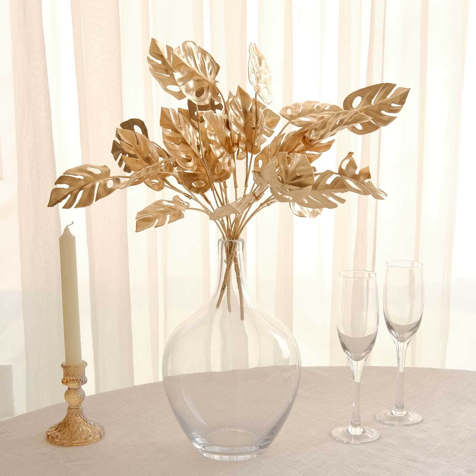 4-Pack Artificial Monstera Leaves Bushes Metallic Gold - Chic Faux Palm Leaf Decor Vase Filler for Hawaiian Jungle Tropical Themed Weddings Parties & Events 14"