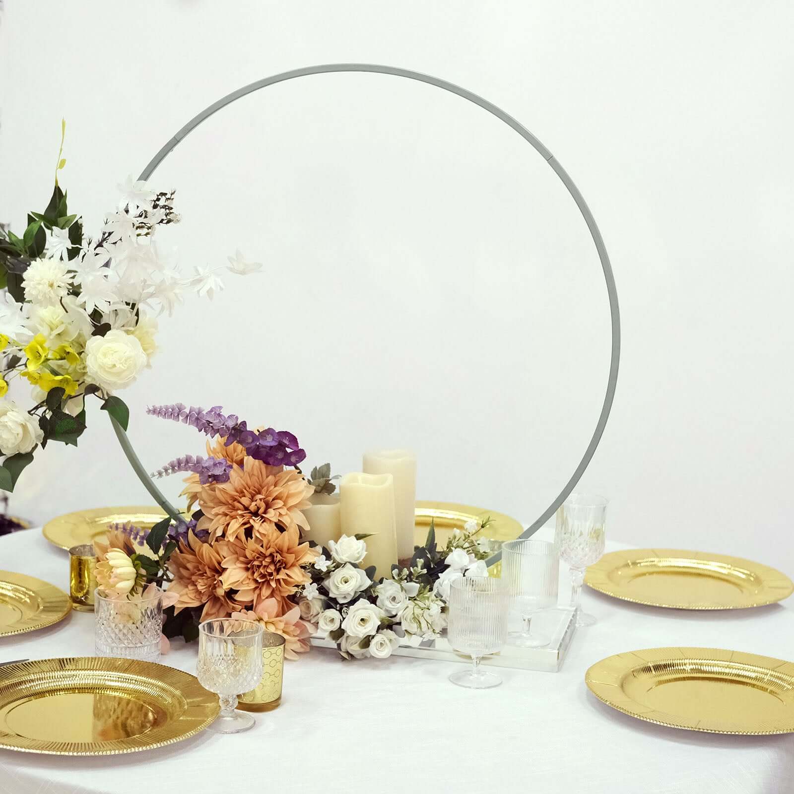 28" Silver Metal Round Hoop Wedding Centerpiece, Self Standing Table Floral Wreath Frame