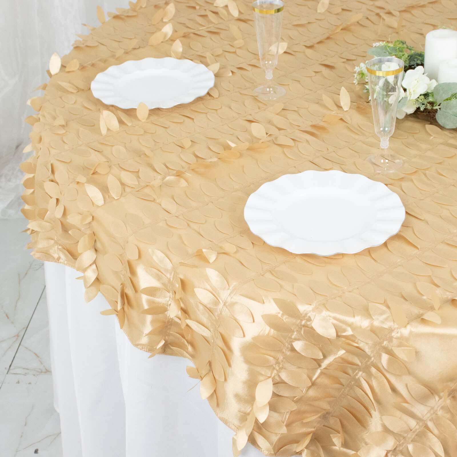 Taffeta 72"x72" Table Overlay Square Tablecloth Champagne - 3D Leaf Petal Table Cover