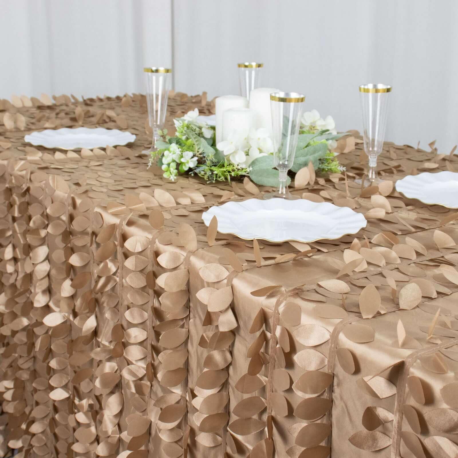 Taffeta 90"x132" Rectangle Tablecloth Taupe | 3D Leaf Petal Design Seamless Table Cover