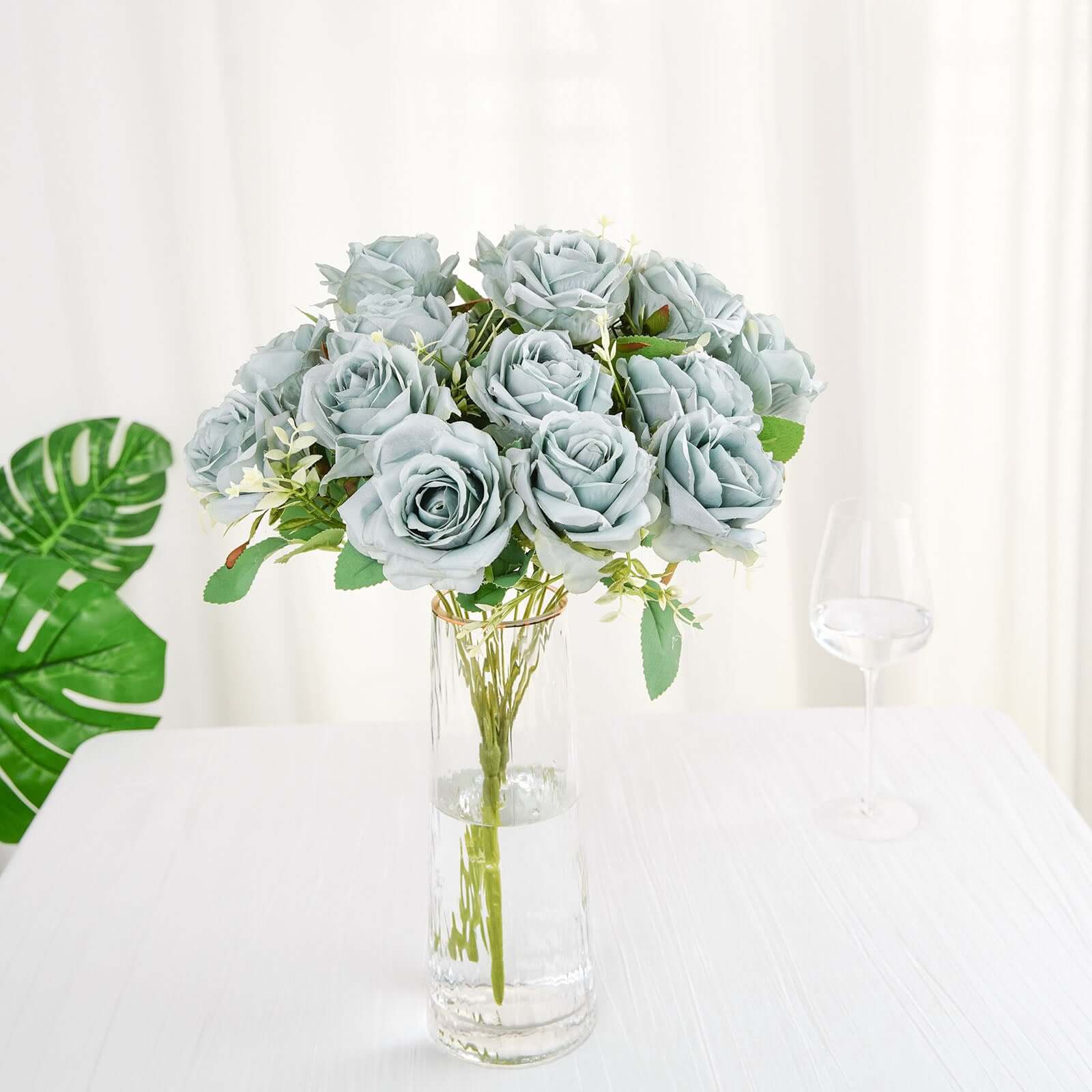 2 Bushes 18" Real Touch Light Dusty Blue Artificial Rose Flower Bouquet, Silk Long Stem Flower Arrangements
