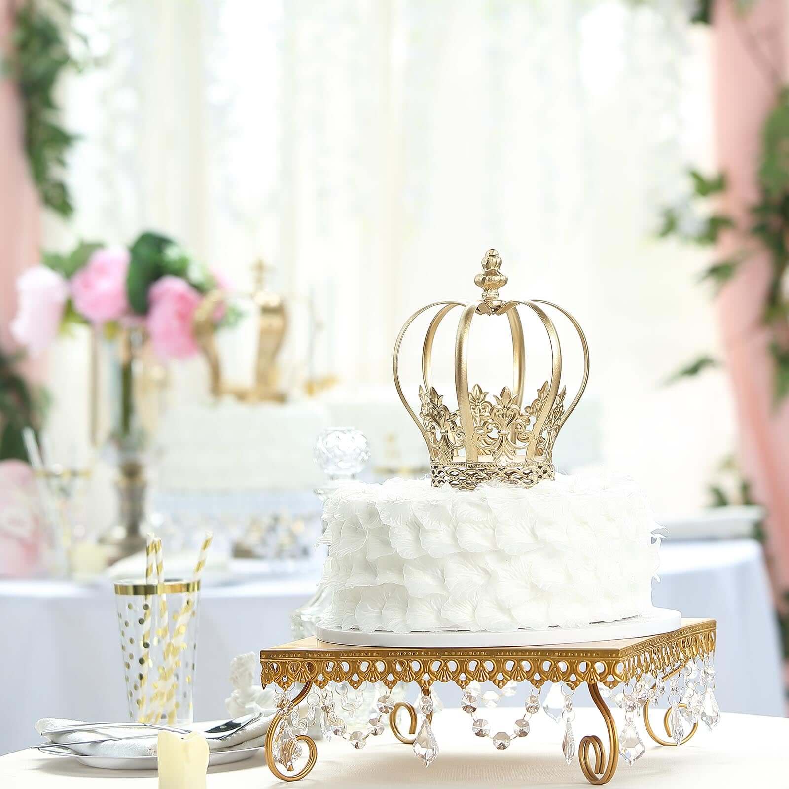 Metal Royal Crown Cake Topper Gold - Stunning Cake Centerpiece Decoration with Intricate Fleur-De-Lis Sides for Glamorous Events & Special Occasions 8"