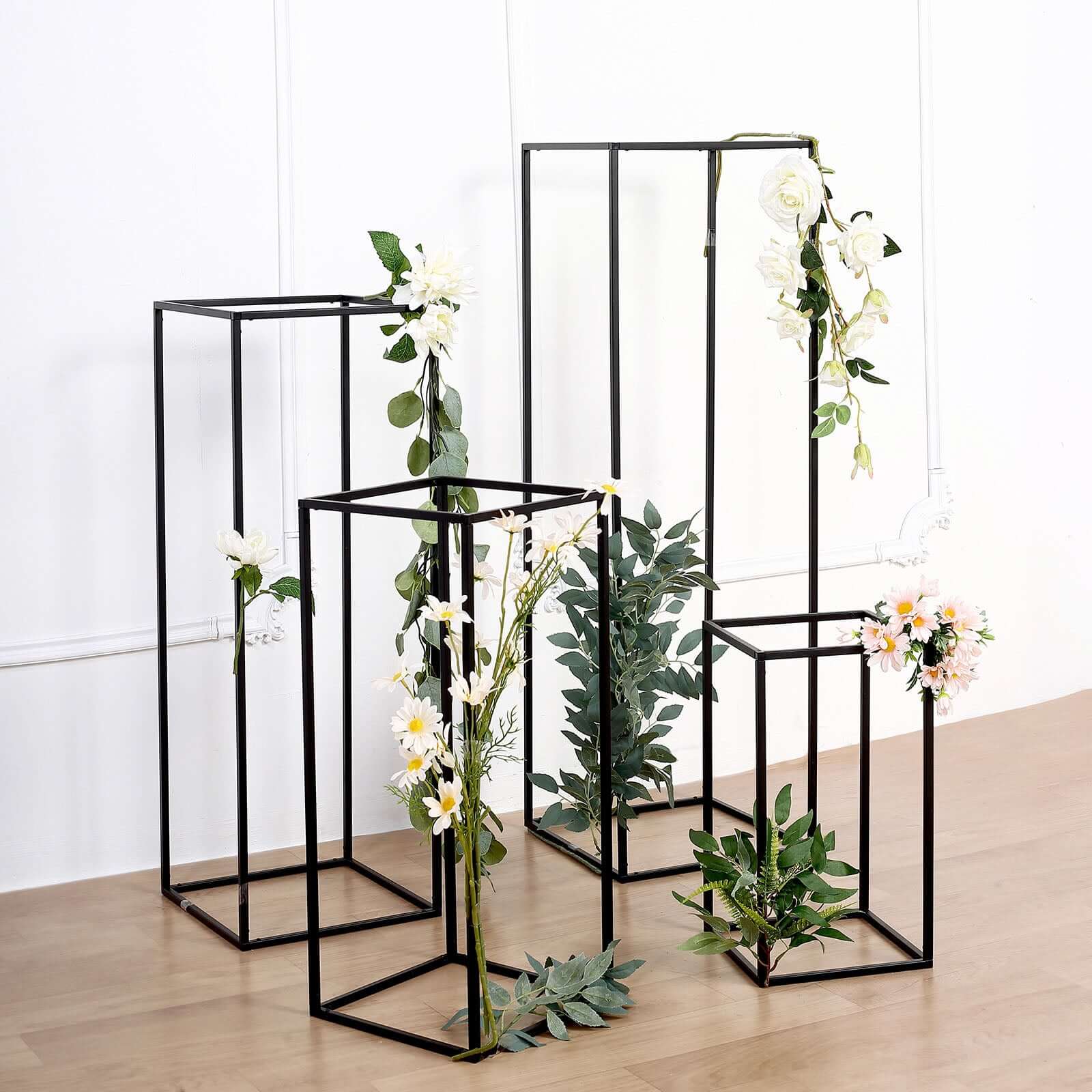 Set of 4 Metal Flower Stands Frame Wedding Column Centerpieces Matte Black - Durable Display 16"/24"/32"/40"