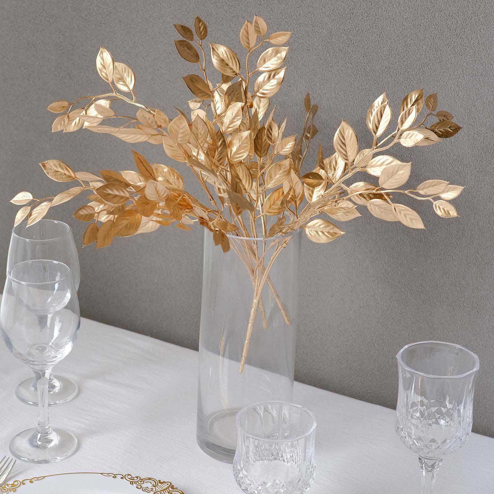 4-Pack Artificial Italian Ruscus Leaves Branches Metallic Gold - Flexible Faux Spray Plant Stem Vase Fillers for Exquisite Tablescapes & Floral Displays 14"