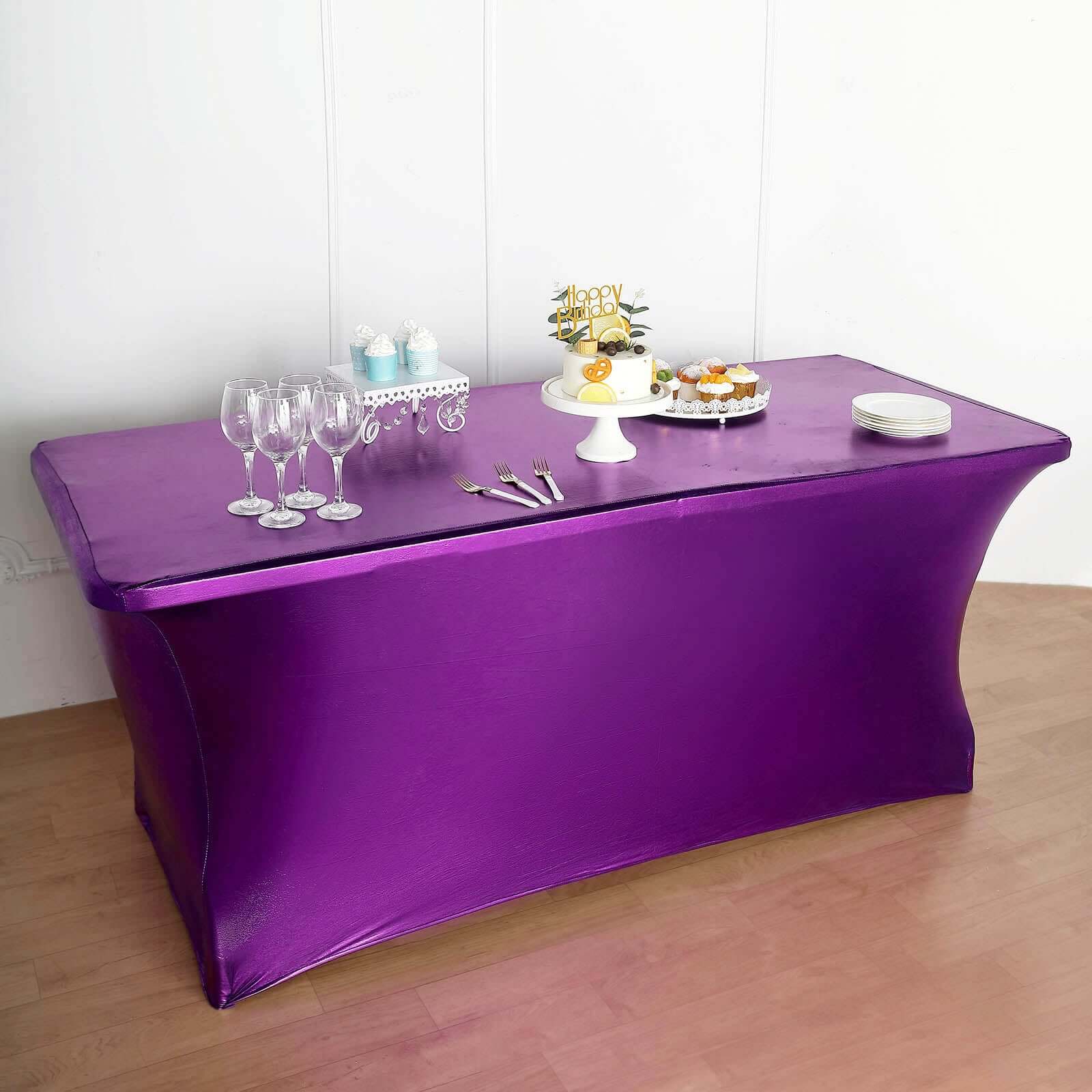 Metallic Purple Stretch Spandex Rectangle Tablecloth 6ft Wrinkle Free Fitted Table Cover for 72"x30" Tables