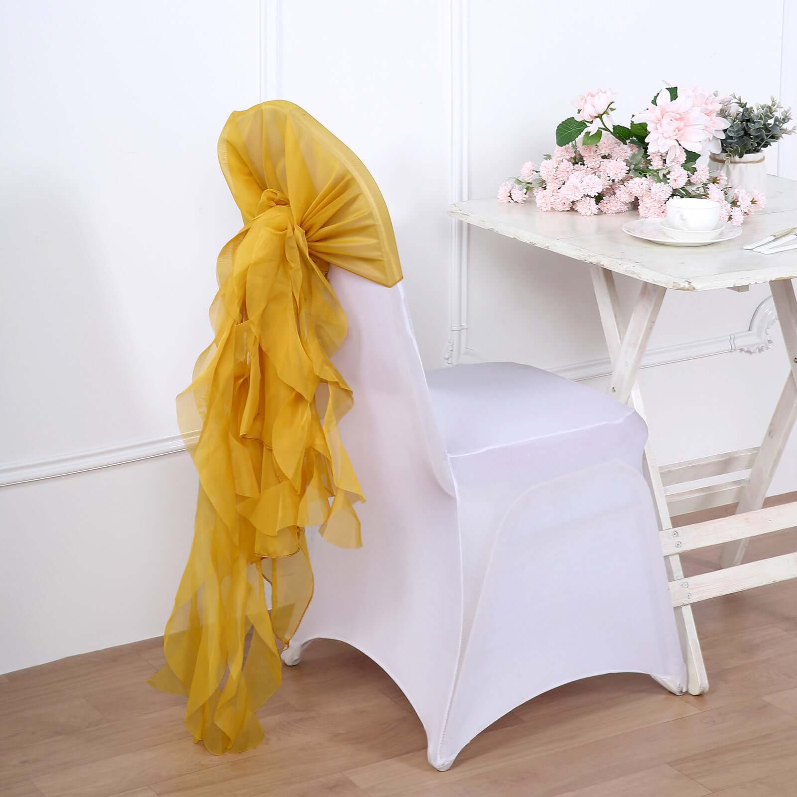 Chiffon Chair Sash with Curly Design Mustard Yellow - Stylish Chair Decorations