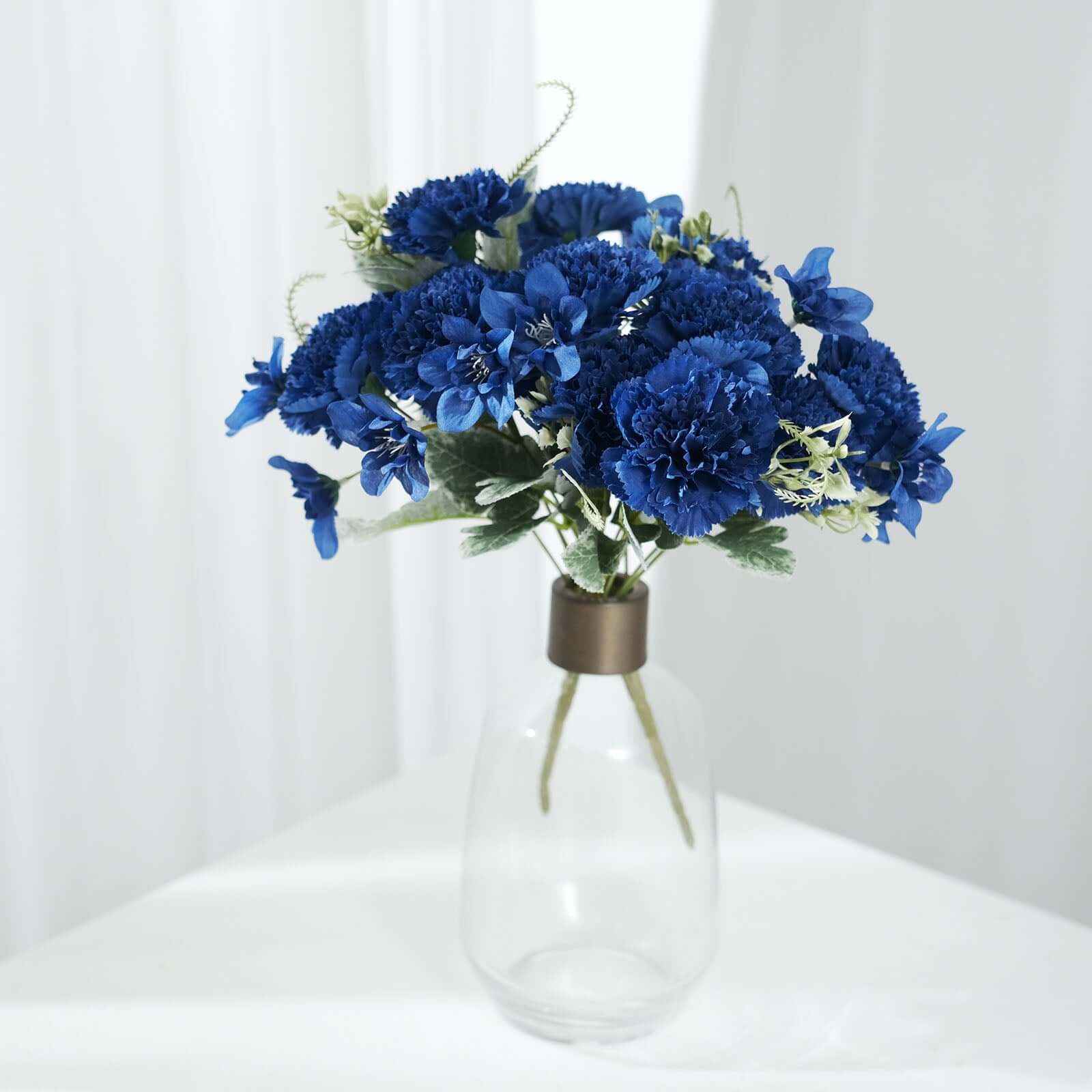3 Pack 14" Navy Blue Artificial Silk Carnation Flower Arrangements, Faux Floral Bouquets Bushes