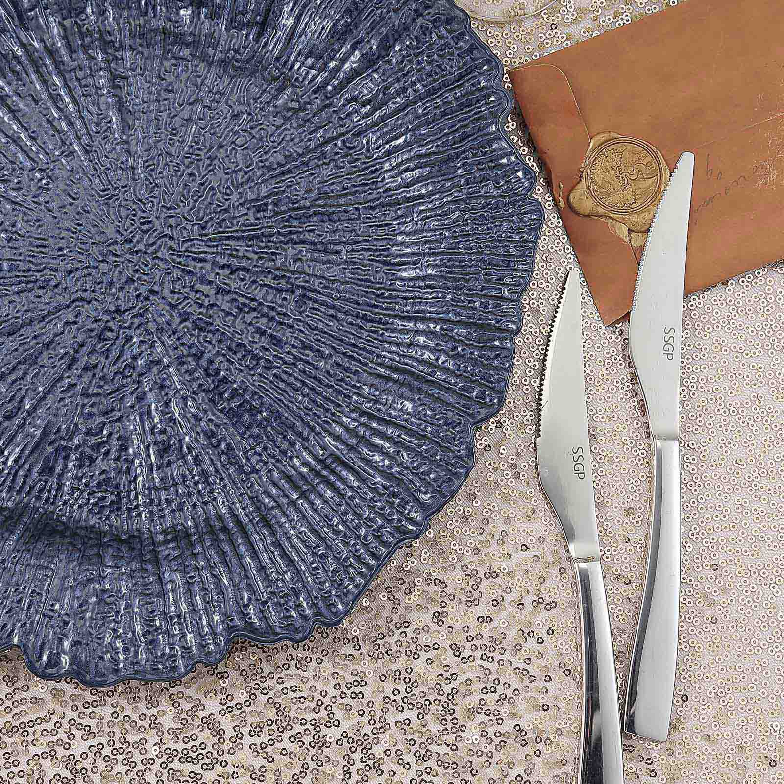 6-Pack Acrylic Plastic Round Charger Plates 13" in Navy Blue with Reef Design, Dinner Charger Tableware