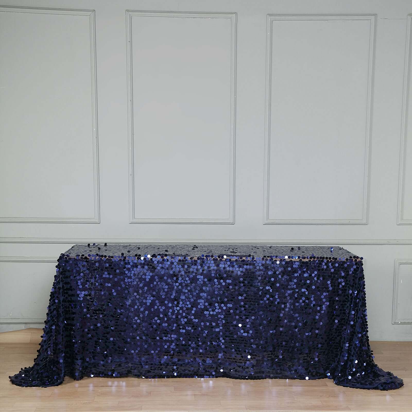 Sequin 90"x132" Rectangle Tablecloth Navy Blue - Seamless Big Payette Table Cover