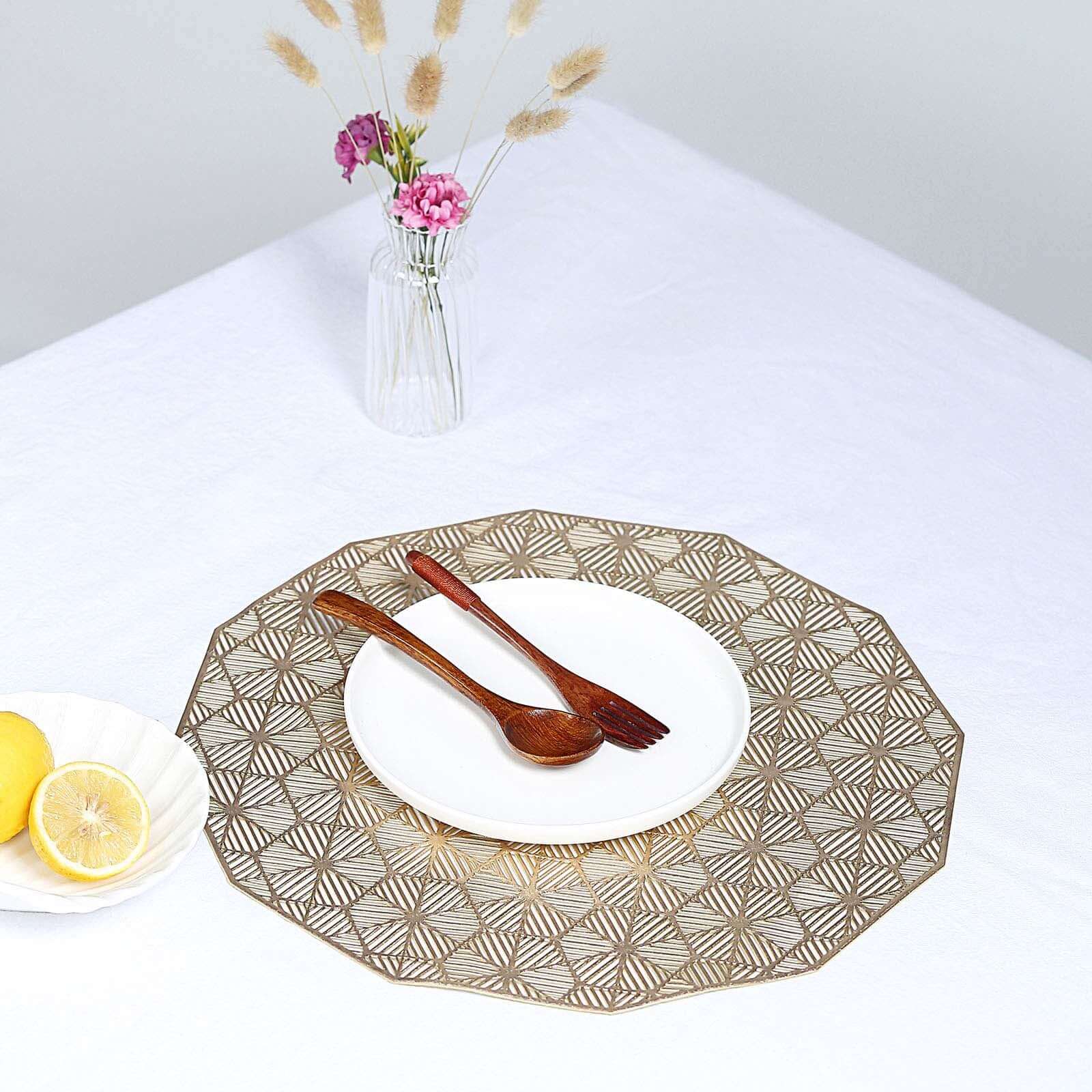 6-Pack Dining Table Mats Geometric Woven Design Gold - Vinyl Non-Slip Surface for Modern Table Settings 15"