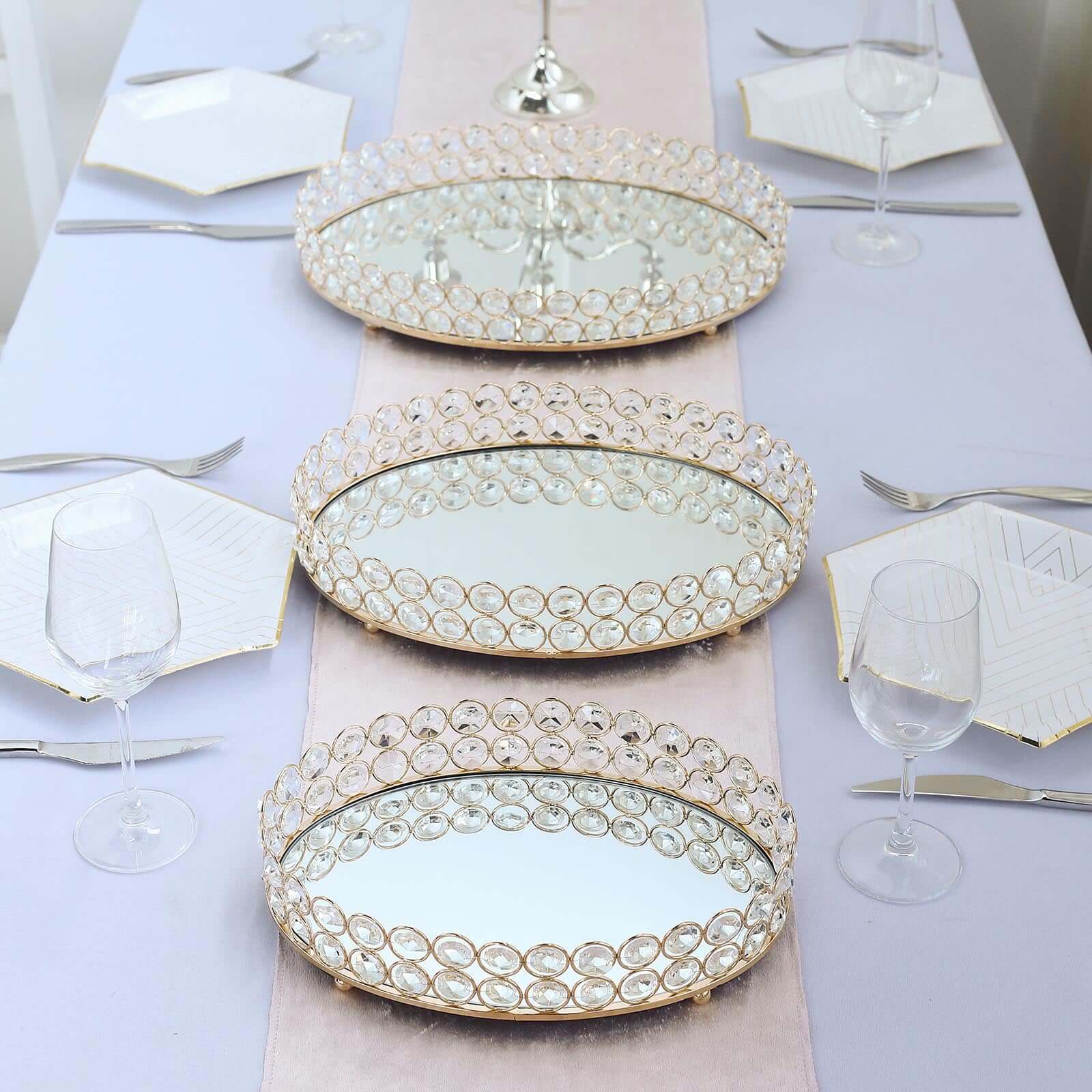 Metal Mirrored Oval Serving Tray 12"x8" in Gold with Crystal Beads, Glamorous Decorative Vanity Tray Centerpiece