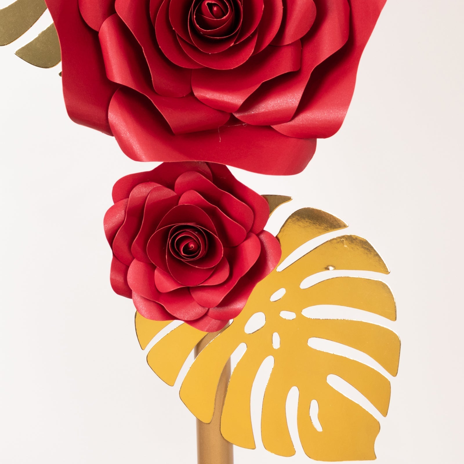 Set of 9 Red 3D Rose Paper Flowers with Gold Tropical Palm Leaves, Party Flower Backdrop Hanging Wall Decor