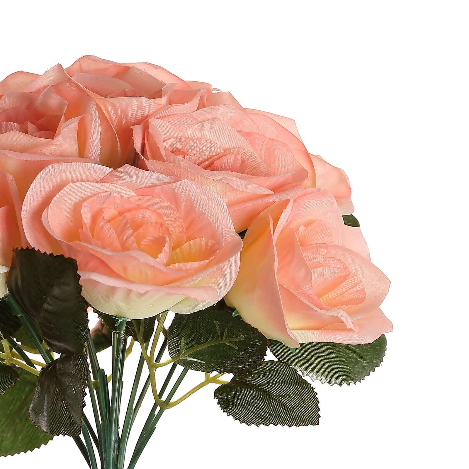 12" Peach Artificial Velvet-Like Fabric Rose Flower Bouquet Bush