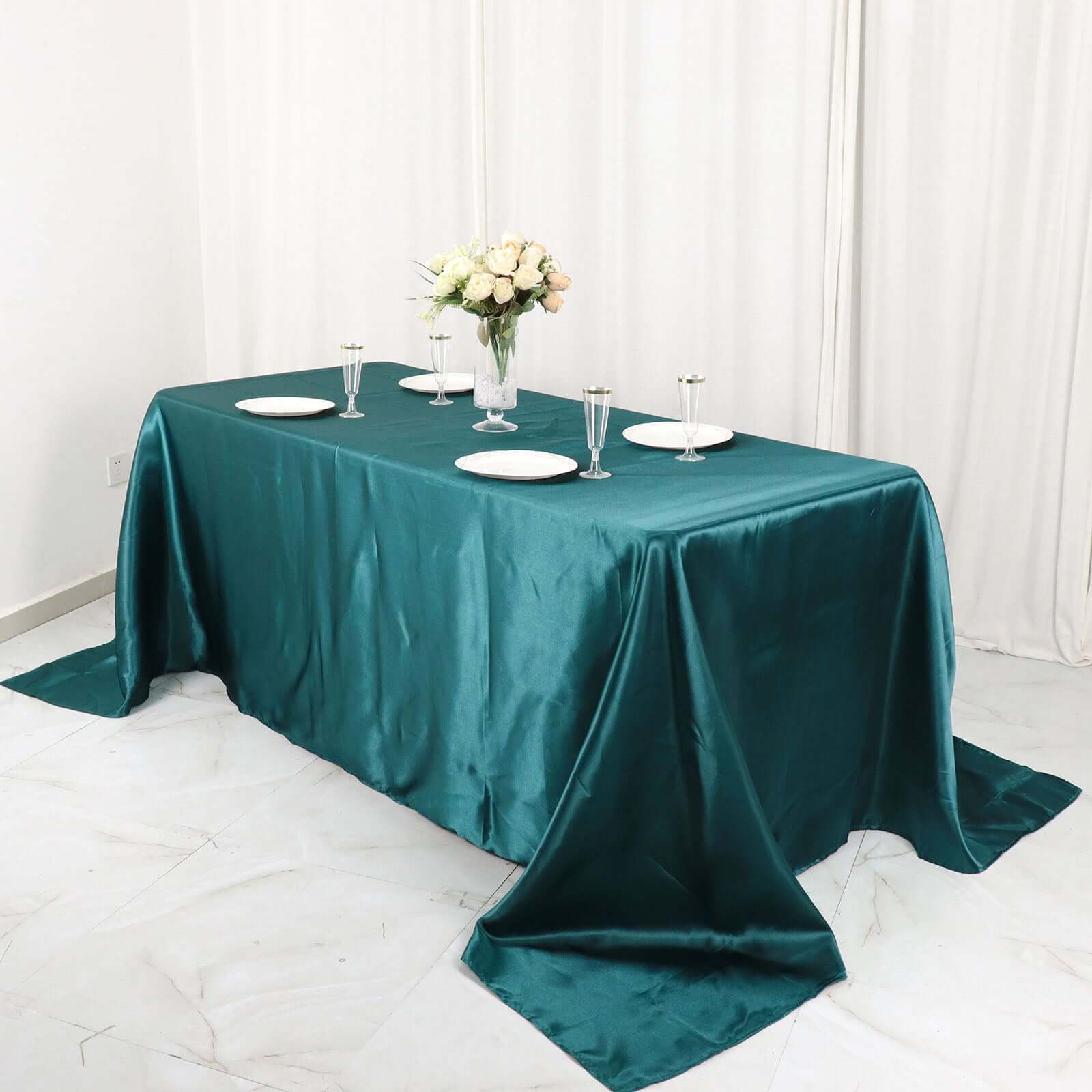 Satin Rectangular 90"x132" Tablecloth Peacock Teal Satin - Seamless Table Cover