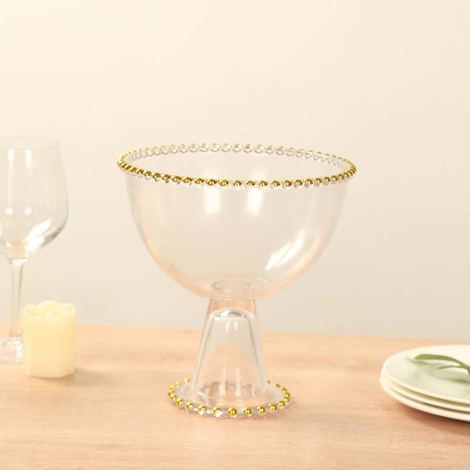 Compote Pedestal Bowl Glass Flower Vase Clear with Gold Beaded Rim - Footed Candy Trifle Bowl for Displays 8"