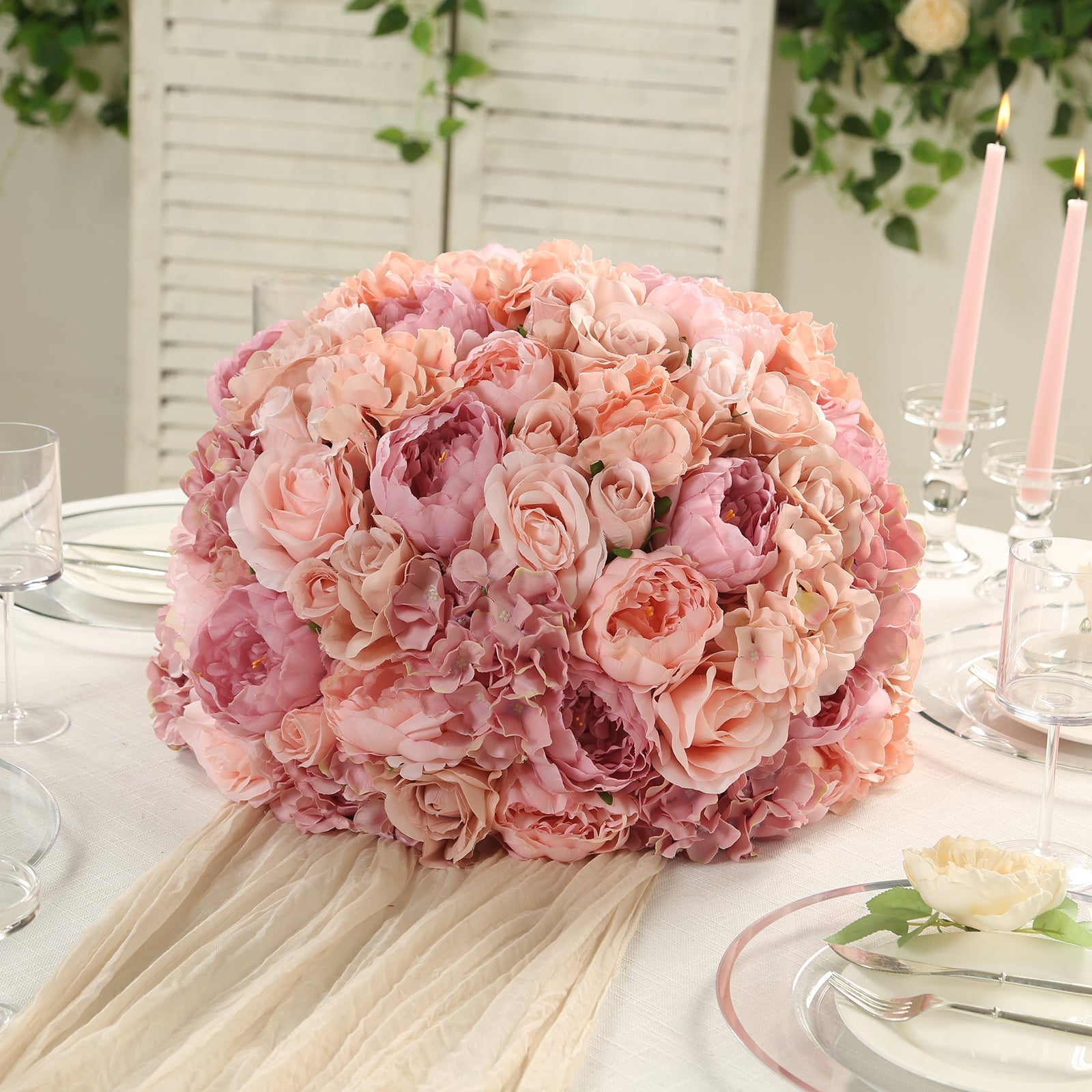 Pre-Arranged Silk Rose Bouquet Floral Arrangement Table Decor, Large Blush Artificial Rose Flower Balls Wedding Centerpieces - 20"