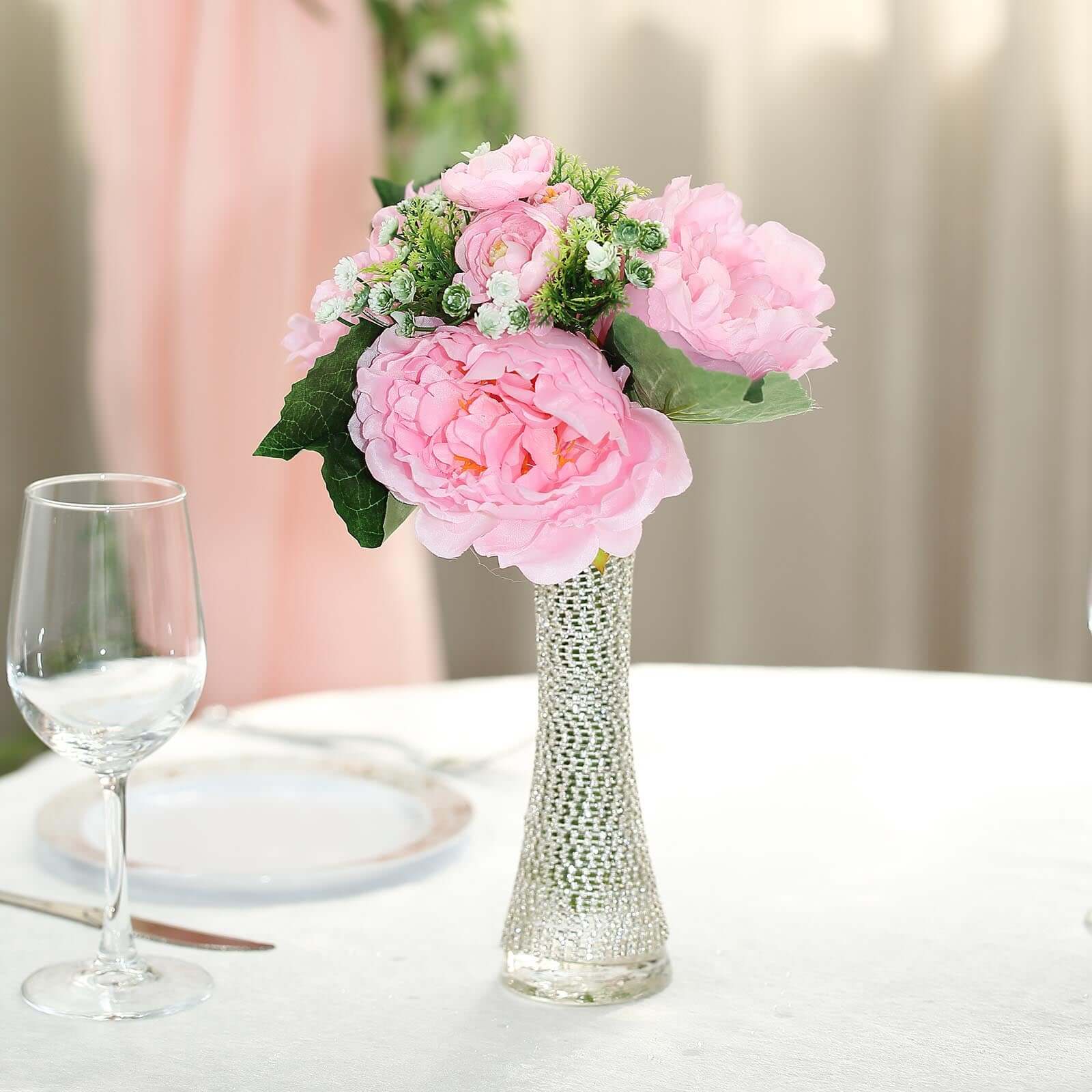 12" Pink Artificial Silk Peonies Bouquet, Faux Peony Spray Bush