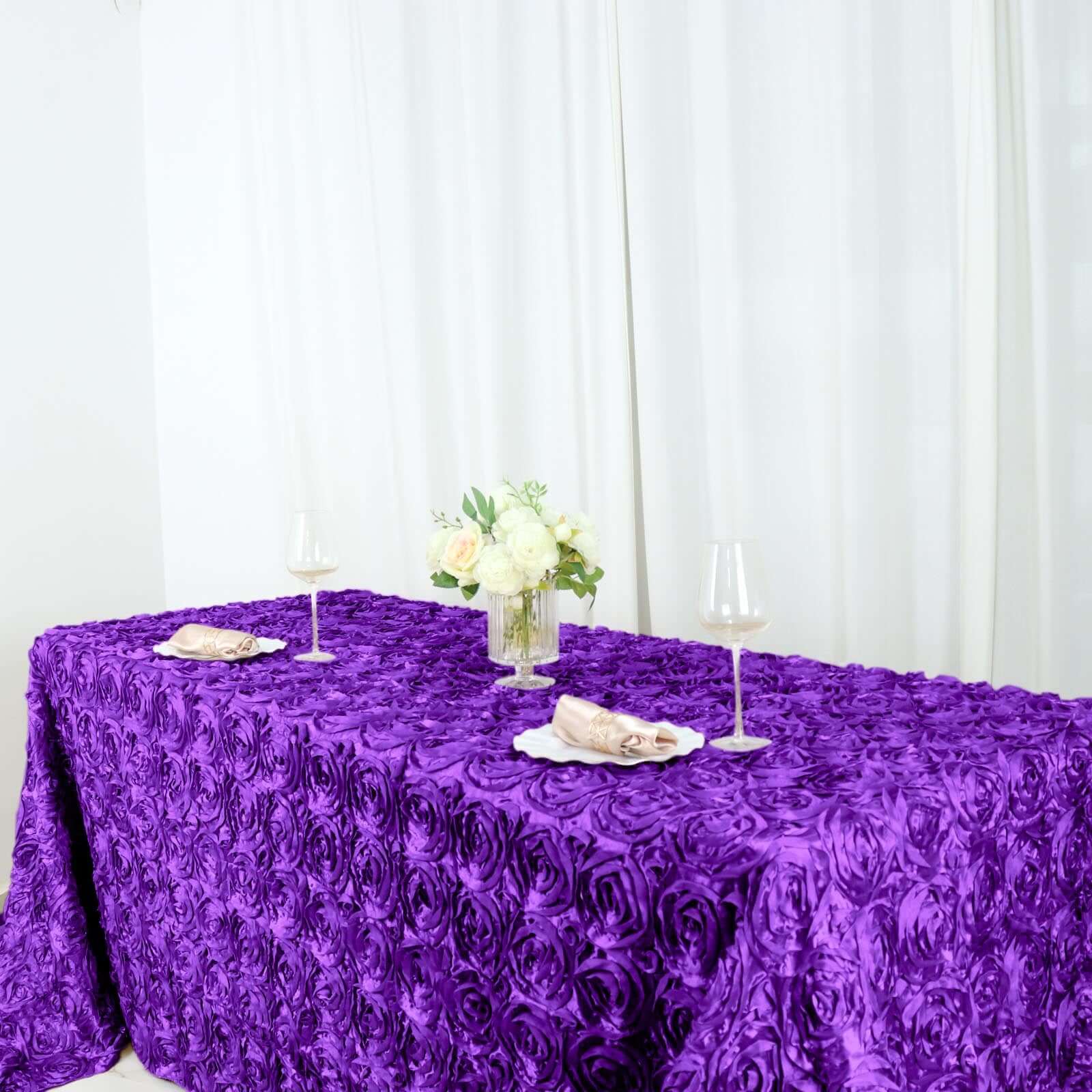 Satin 90"x156" Rectangle Tablecloth Purple - Grandiose 3D Rosette Table Cover with Seamless Finish