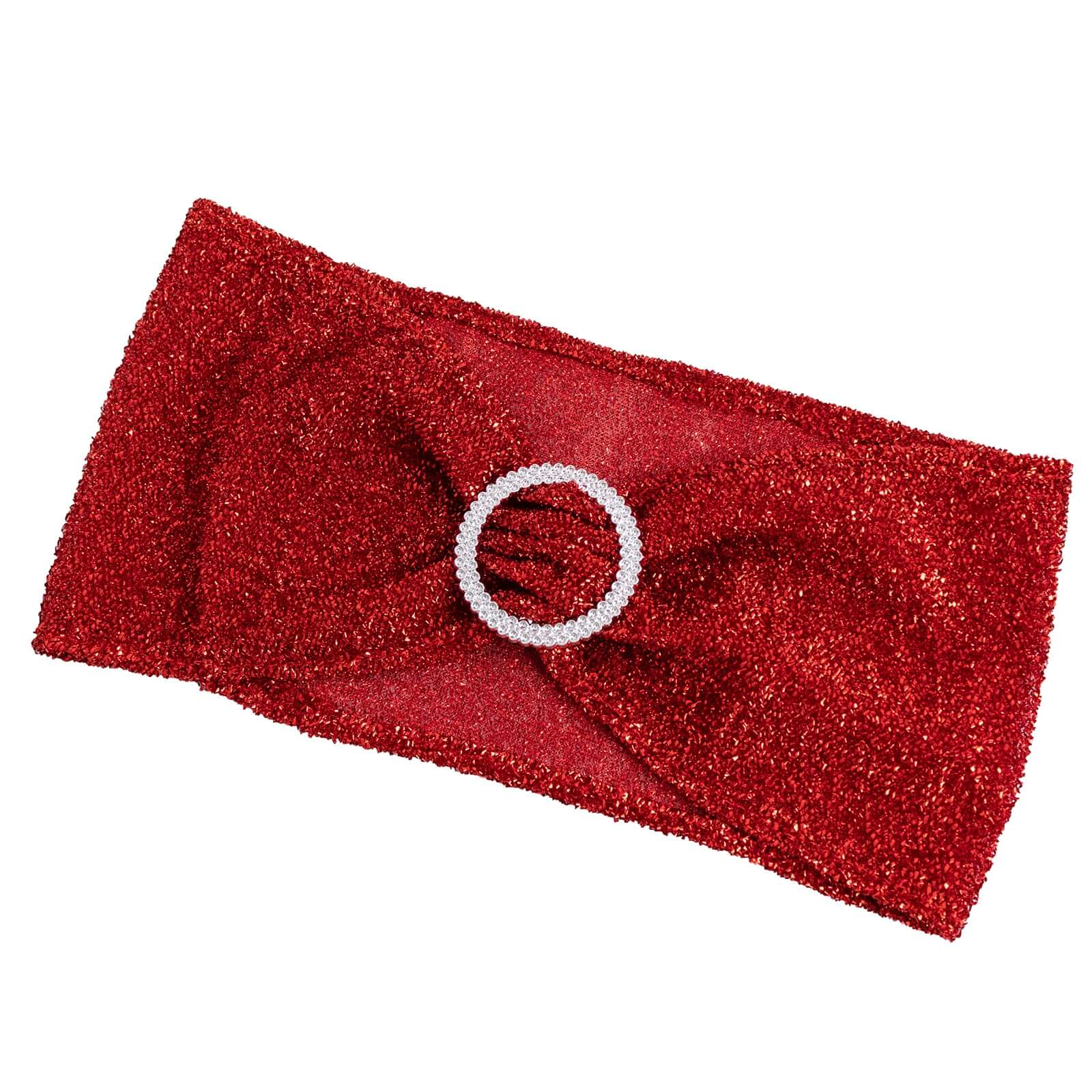 5 Pack Chair Sashes Shimmer Tinsel Spandex 5"x12" with Silver Rhinestone Buckles Red - Stylish Chair Bands