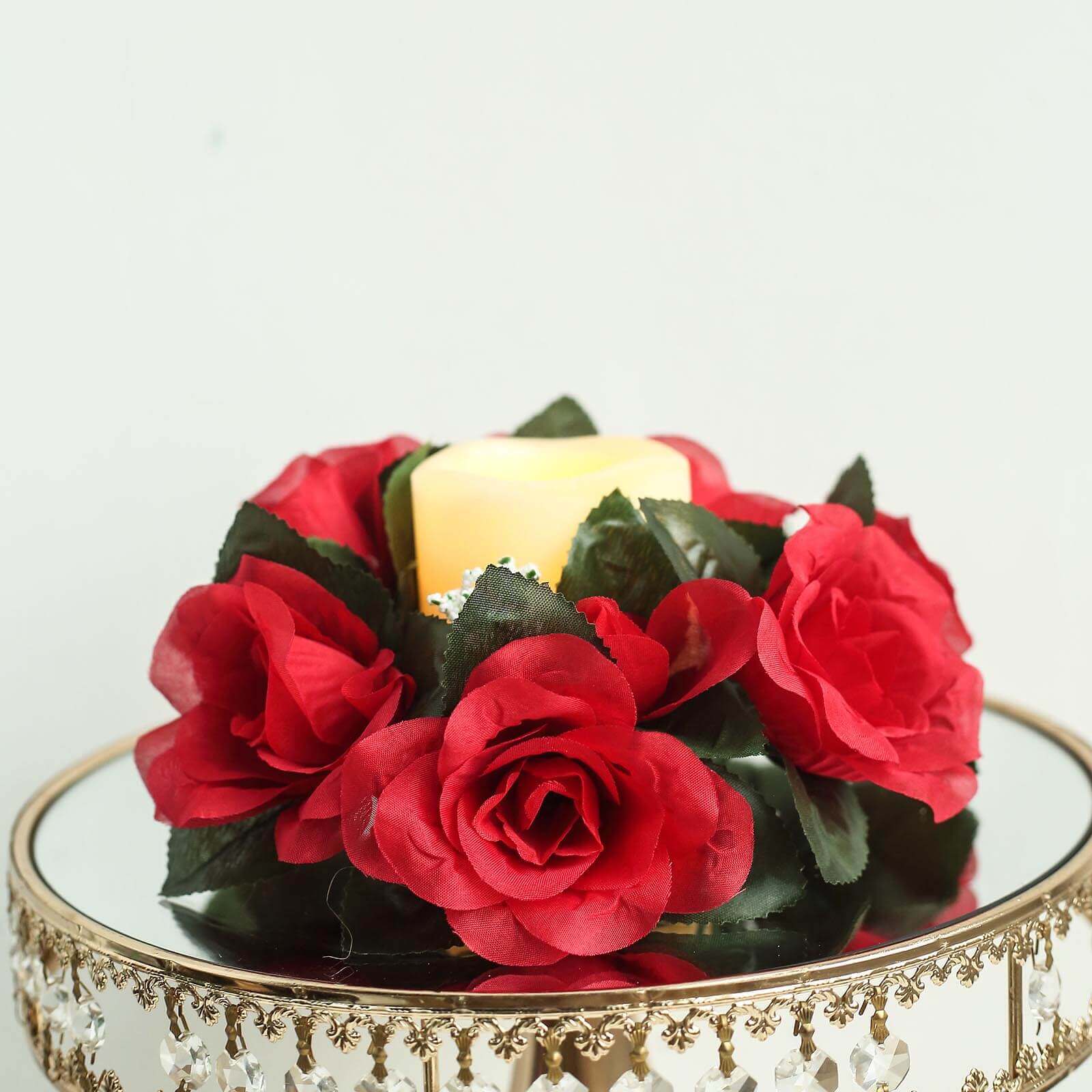 4 Pack 3" Red Artificial Silk Rose Flower Candle Ring Wreaths