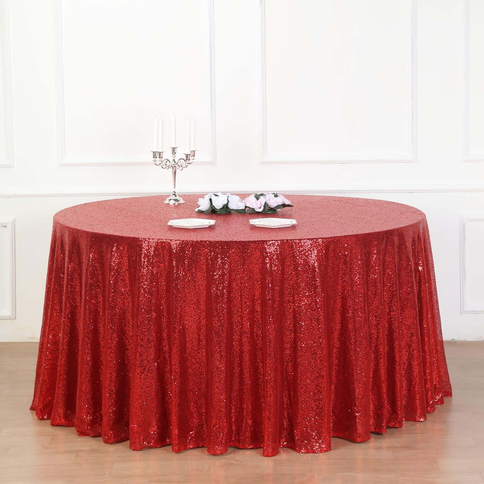 Sequin 132" Round Tablecloth Red - Seamless Dazzling Table Cover