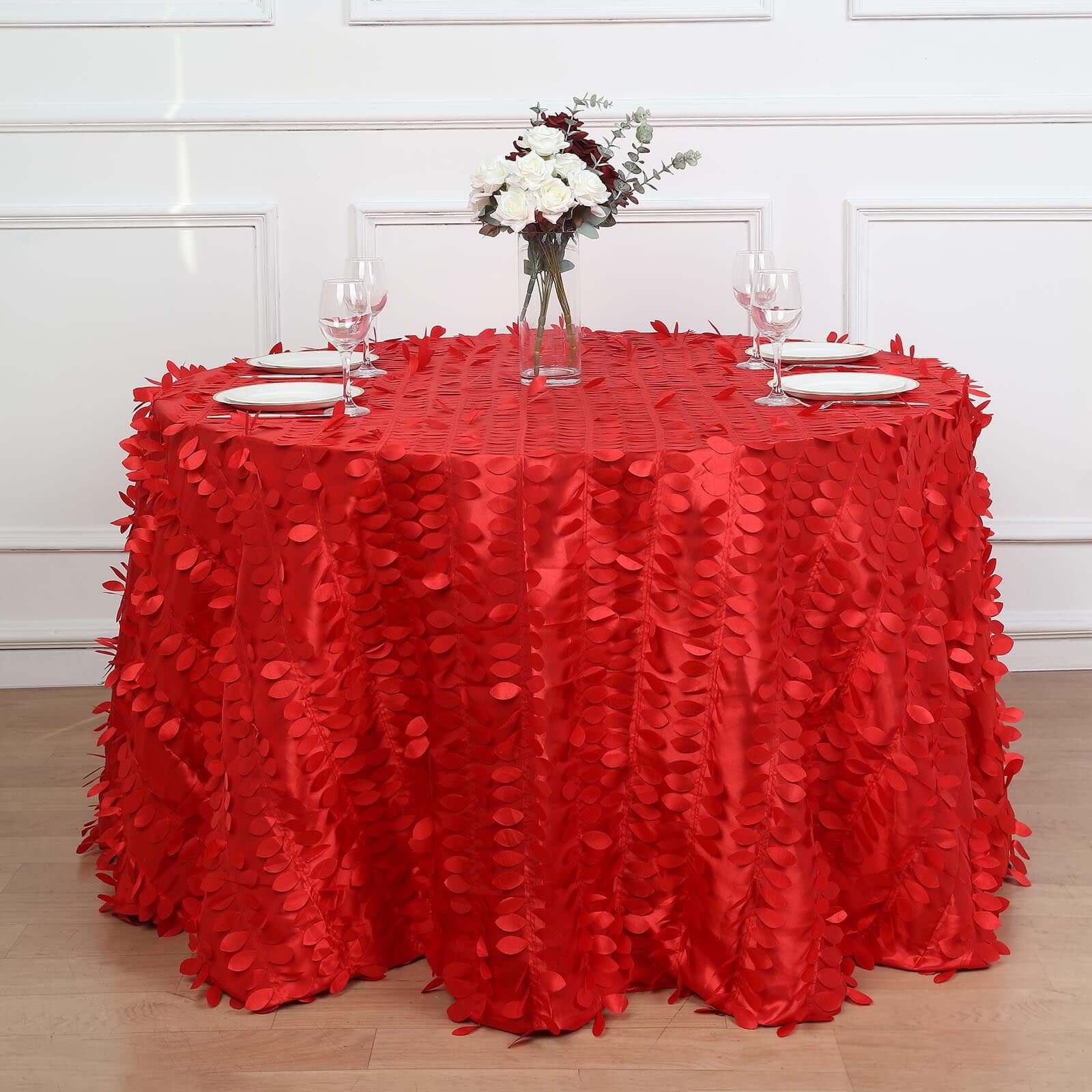 120" Red 3D Leaf Petal Taffeta Fabric Seamless Round Tablecloth for 5 Foot Table With Floor-Length Drop