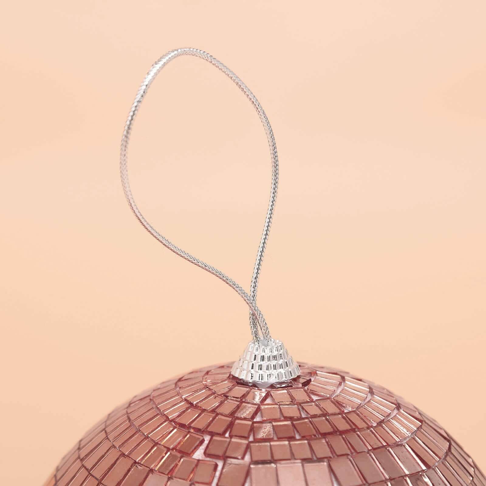 4 Pack 6" Rose Gold Foam Disco Mirror Ball With Hanging Strings, Holiday Christmas Ornaments