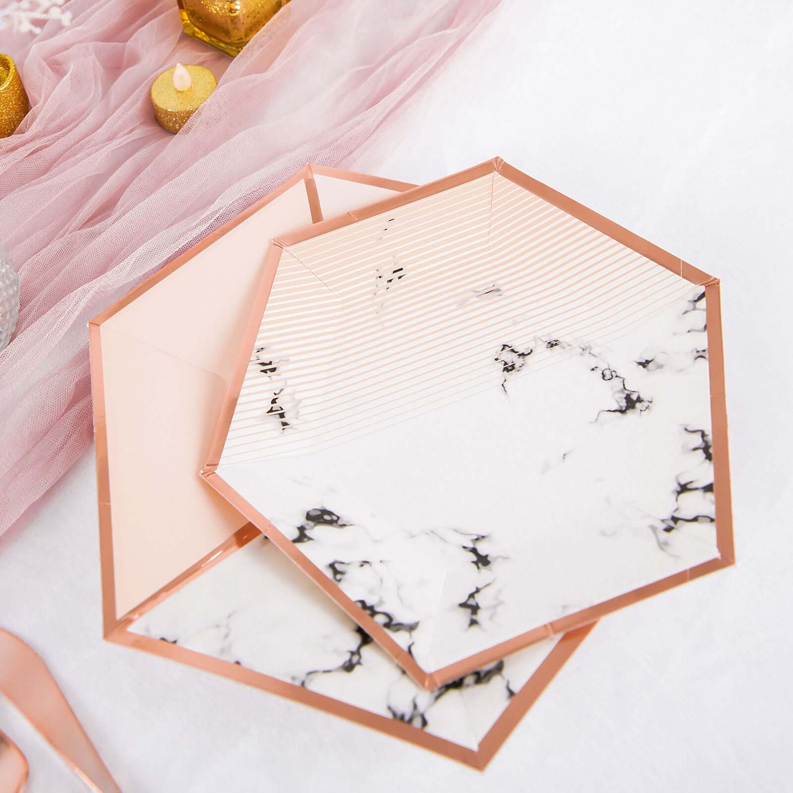 50-Pack Paper Hexagon Dinner and Dessert Plates in Blush with Marble Design & Rose Gold Foil Rim - Chic Disposable Geometric Party Plates Set for 25 Guests 8", 10"