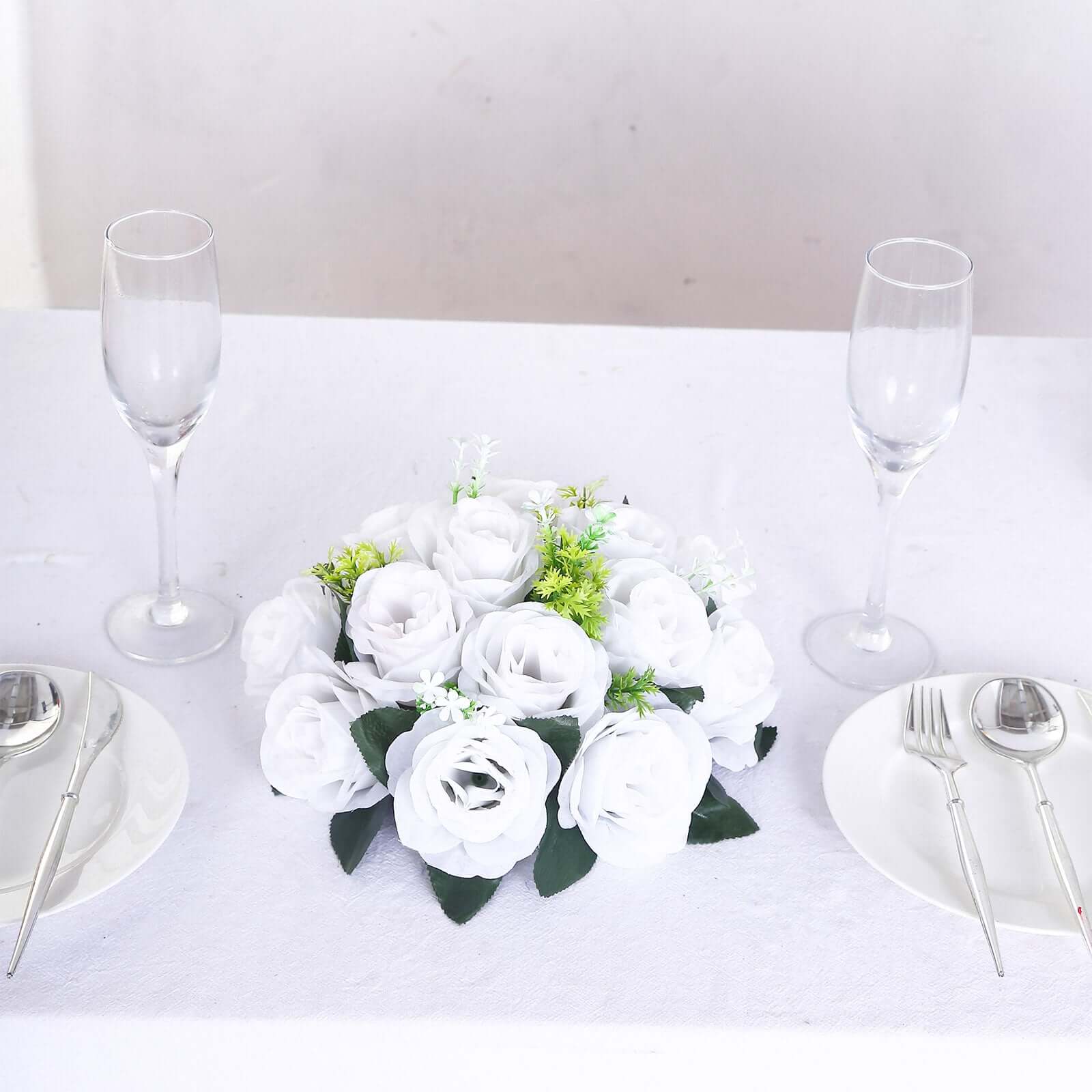 2 Pack White Silk 15-Head Rose Flower Balls For Centerpieces - 10", Artificial Kissing Ball Floral Arrangements