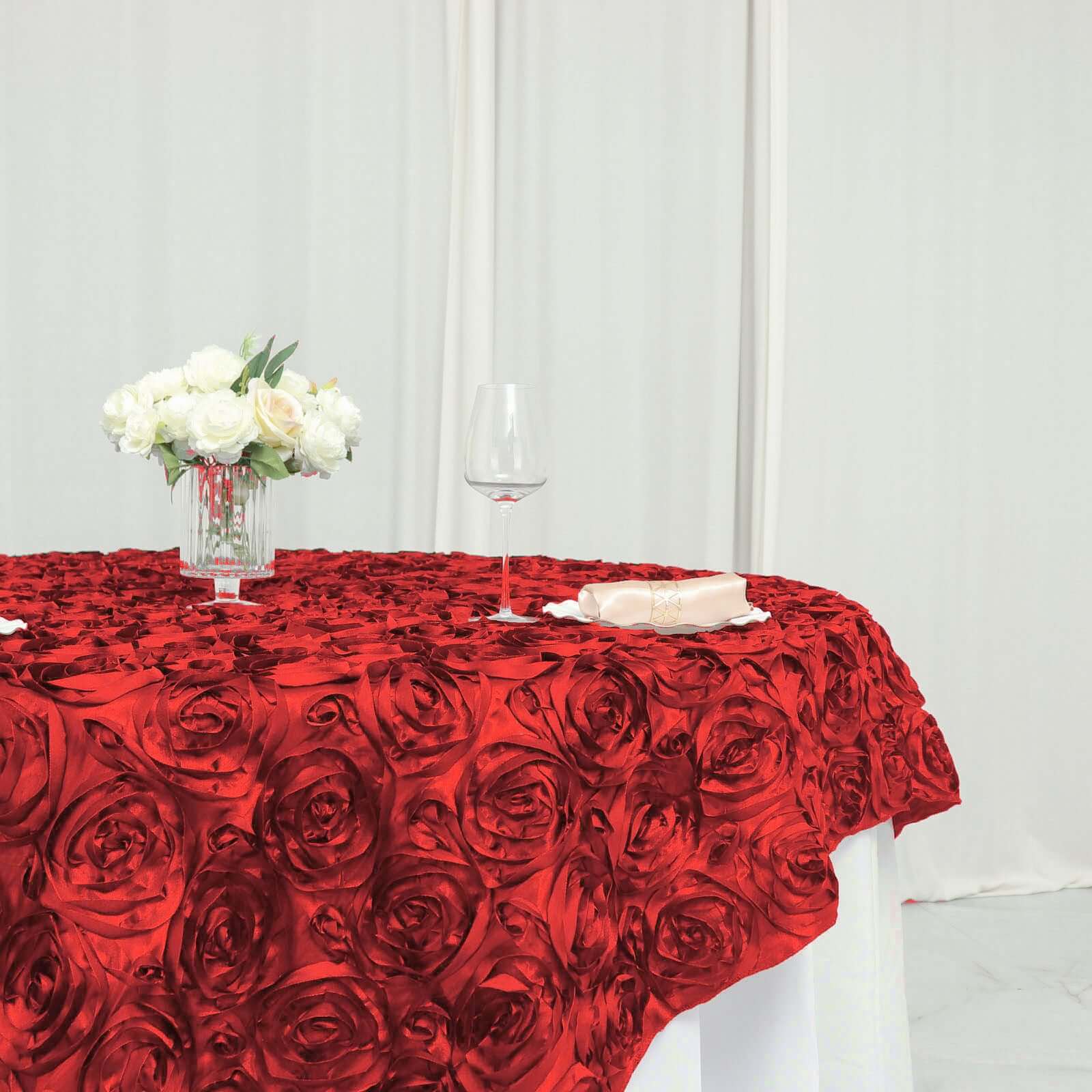 Satin 72"x72" Table Overlay Square Tablecloth Red - 3D Rosette Table Cover