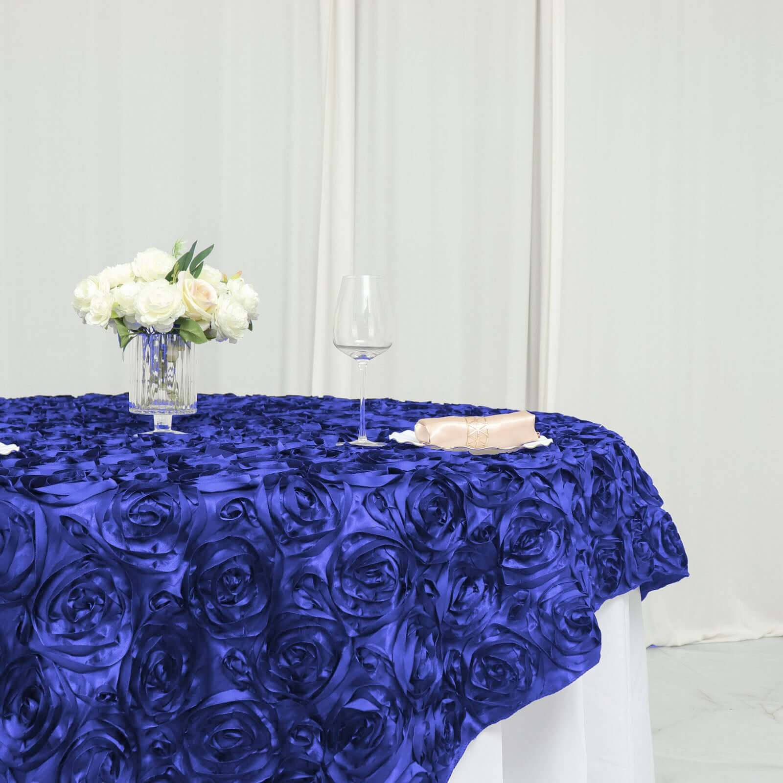 Satin 72"x72" Table Overlay Square Tablecloth Royal Blue - 3D Rosette Table Cover