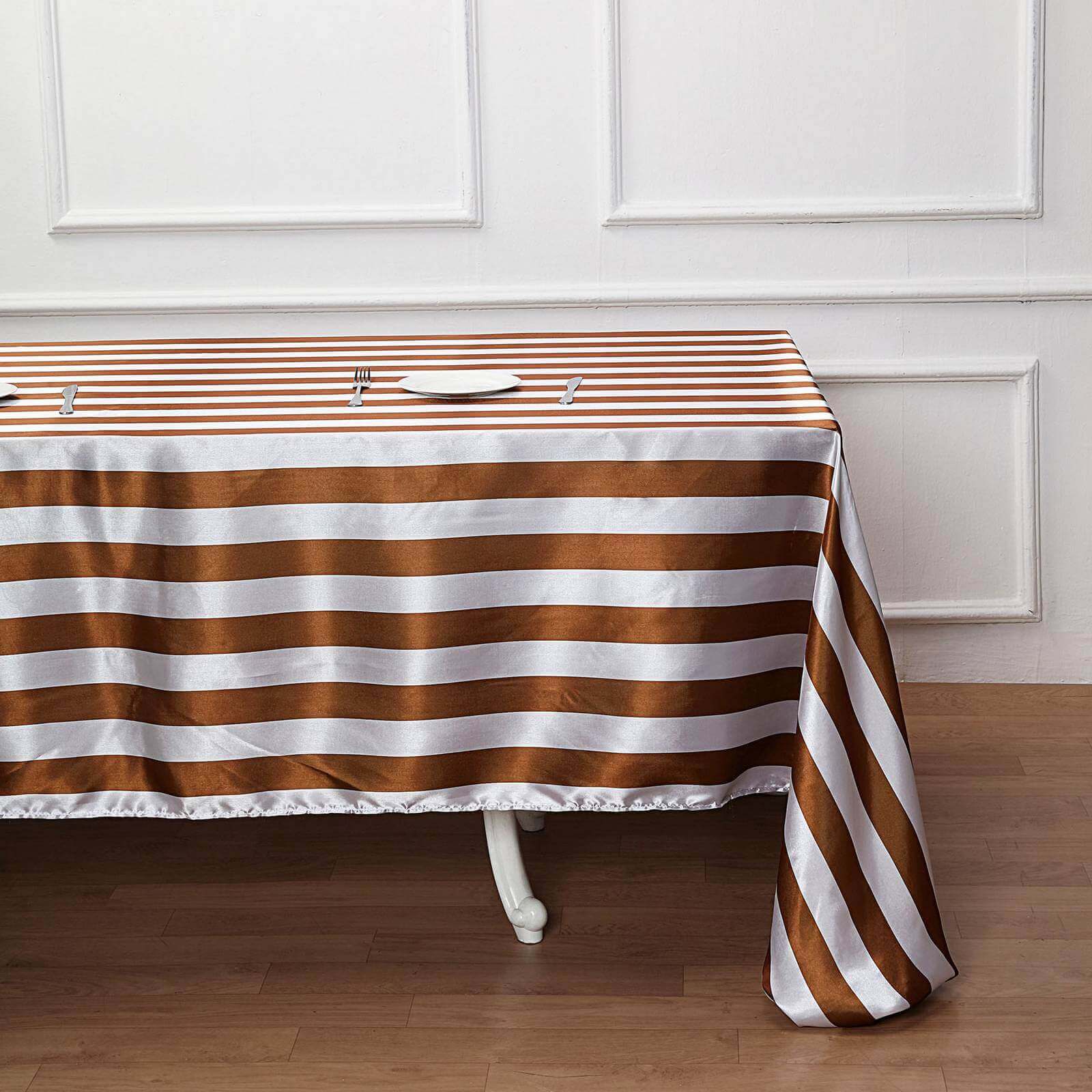 Satin 90"x156" Rectangle Tablecloth Gold/White - Stripe Design with Seamless Finish Table Cover