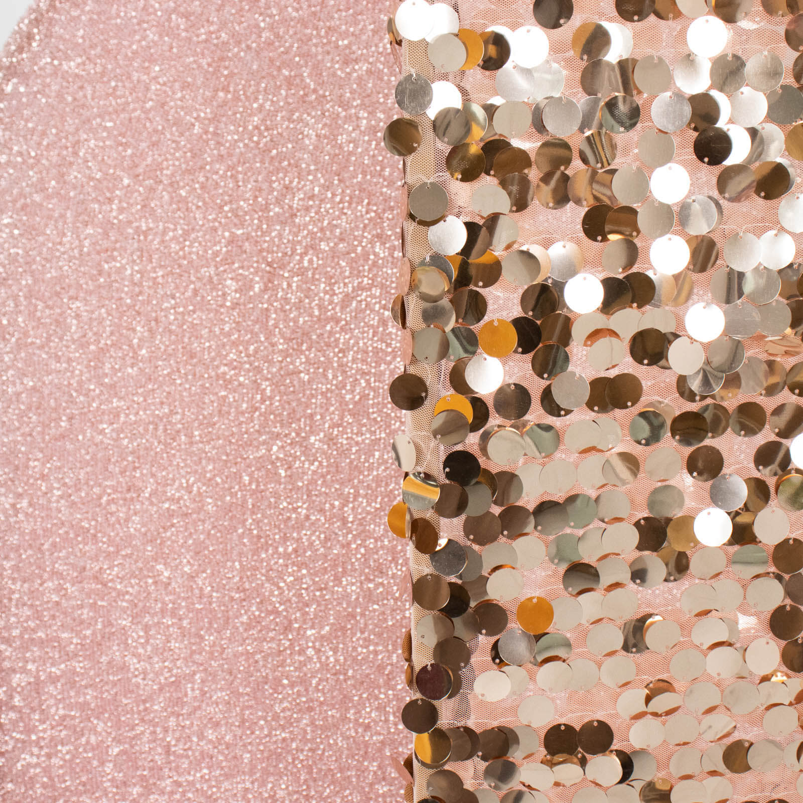 Set of 3 Rose Gold Round Top Fitted Wedding Arch Frame Covers, Big Payette Sequin, Shimmer Tinsel and Matte Spandex Backdrop Stand Covers