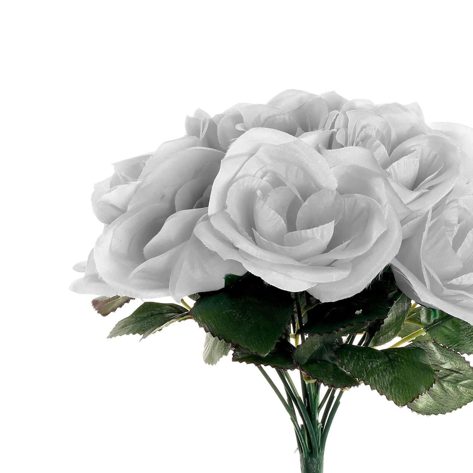 12" Silver Artificial Velvet-Like Fabric Rose Flower Bouquet Bush