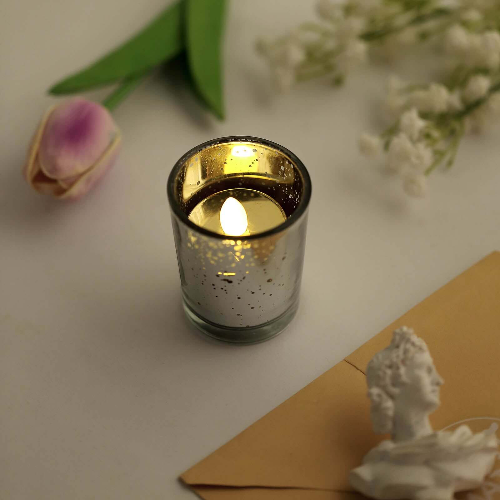 12-Pack Mercury Glass Candle Holders Silver with Speckled Design - Votive Tealight Holders 2"