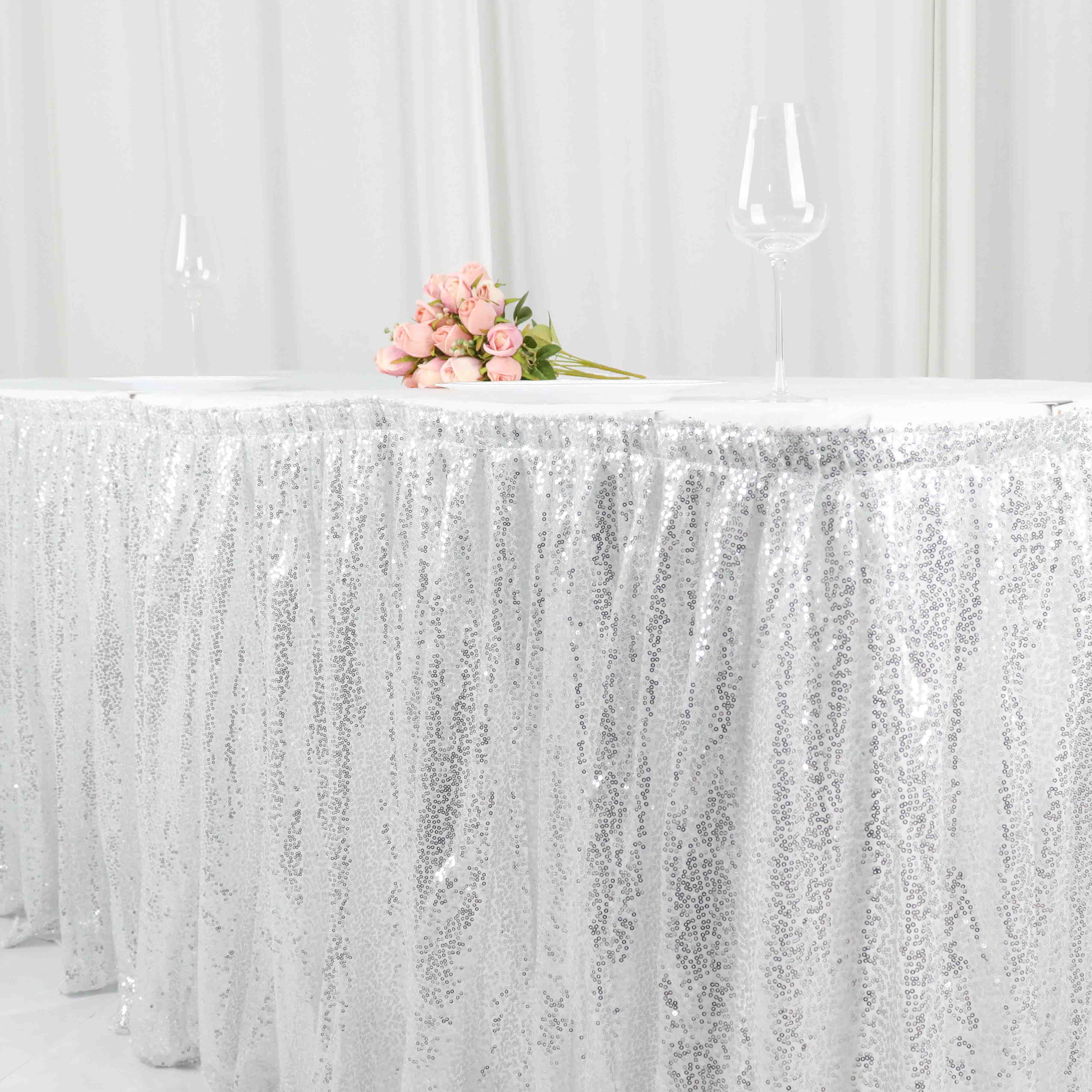 Sequin 17ft Table Skirt Silver Gold - Pleated Satin With Top Velcro Strip