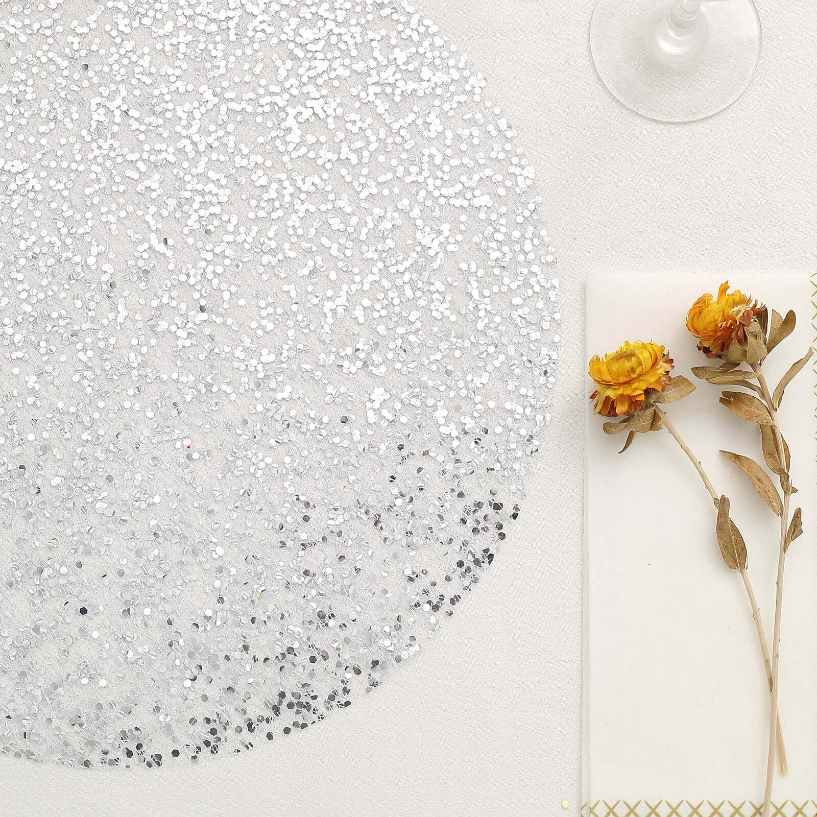 10-Pack Table Placemats Sequin Design Metallic Silver Round - Mesh Disposable Dust-Free Dining Mats 13"