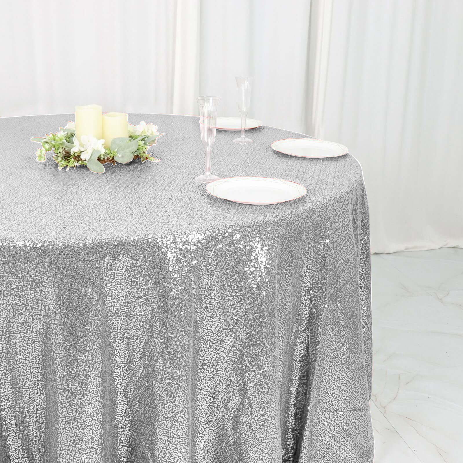 Sequin 120" Round Tablecloth Silver - Seamless Glittering Table Cover