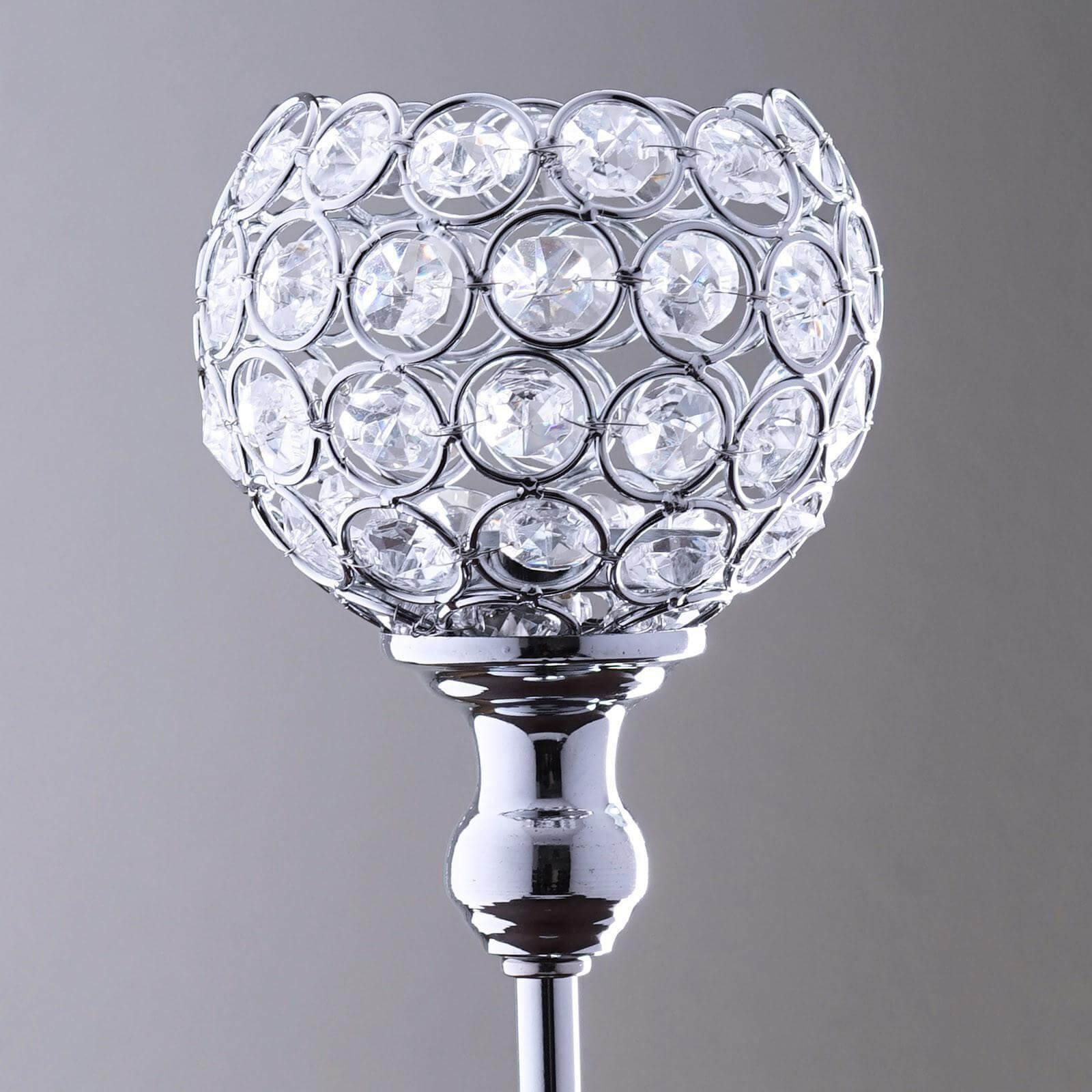 16" Tall Silver Crystal Votive Pillar Candle Holder, Metal Tealight Round Candle Stand