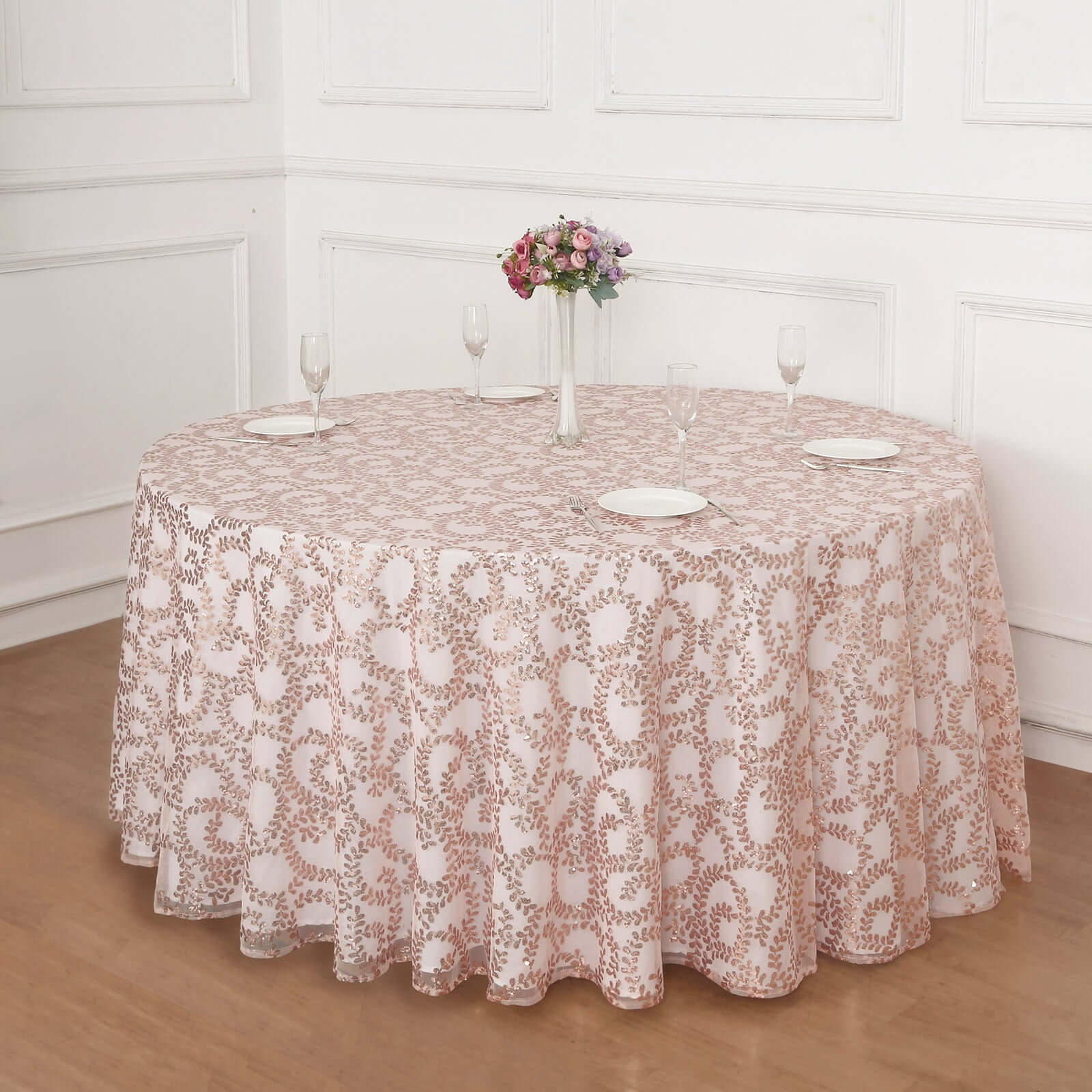 Tulle 120" Round Tablecloth Rose Gold - Seamless Sequin Leaf Embroidered Table Cover