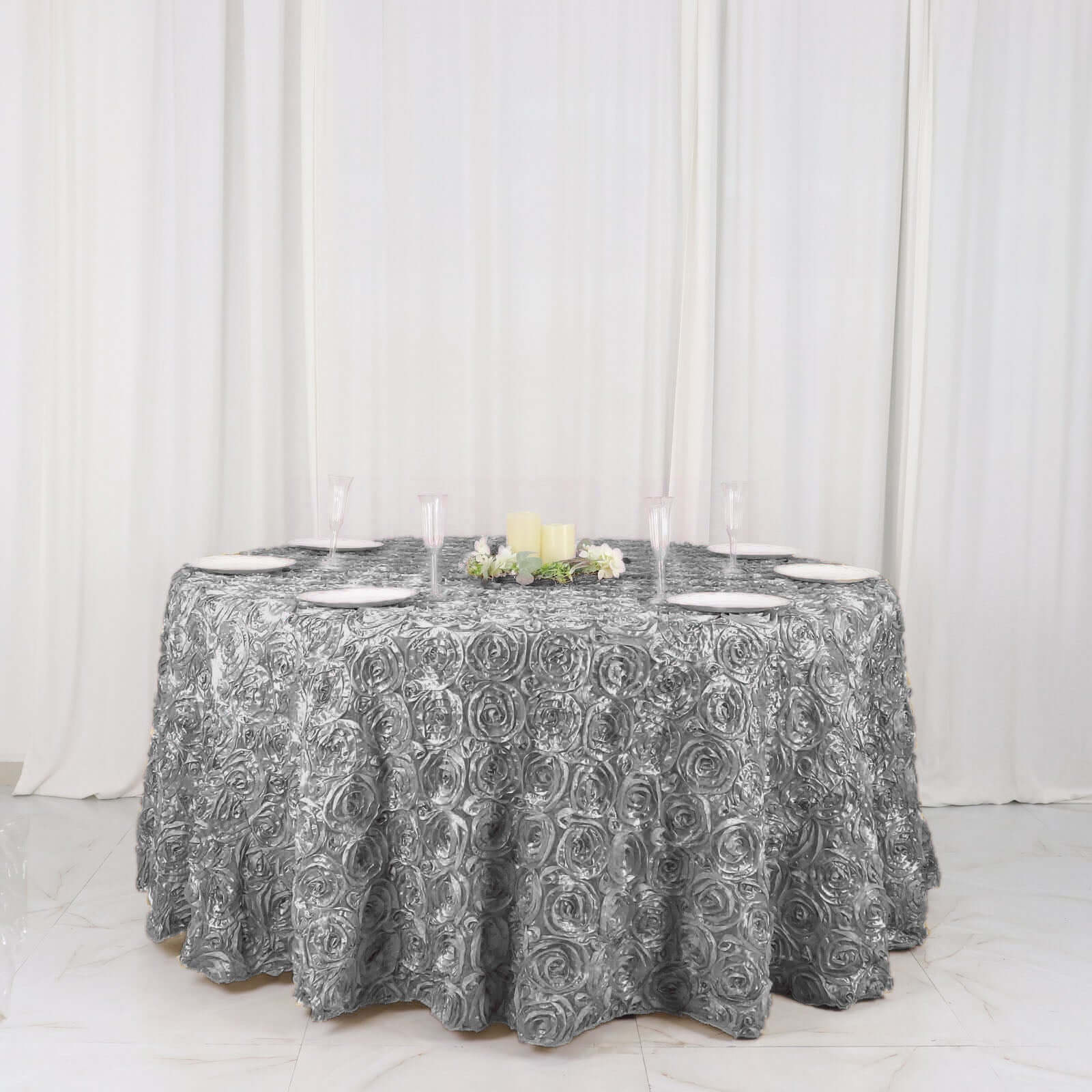 Satin 120" Round Tablecloth Silver - Grandiose 3D Rosette Design with Seamless Finish for Luxe Events